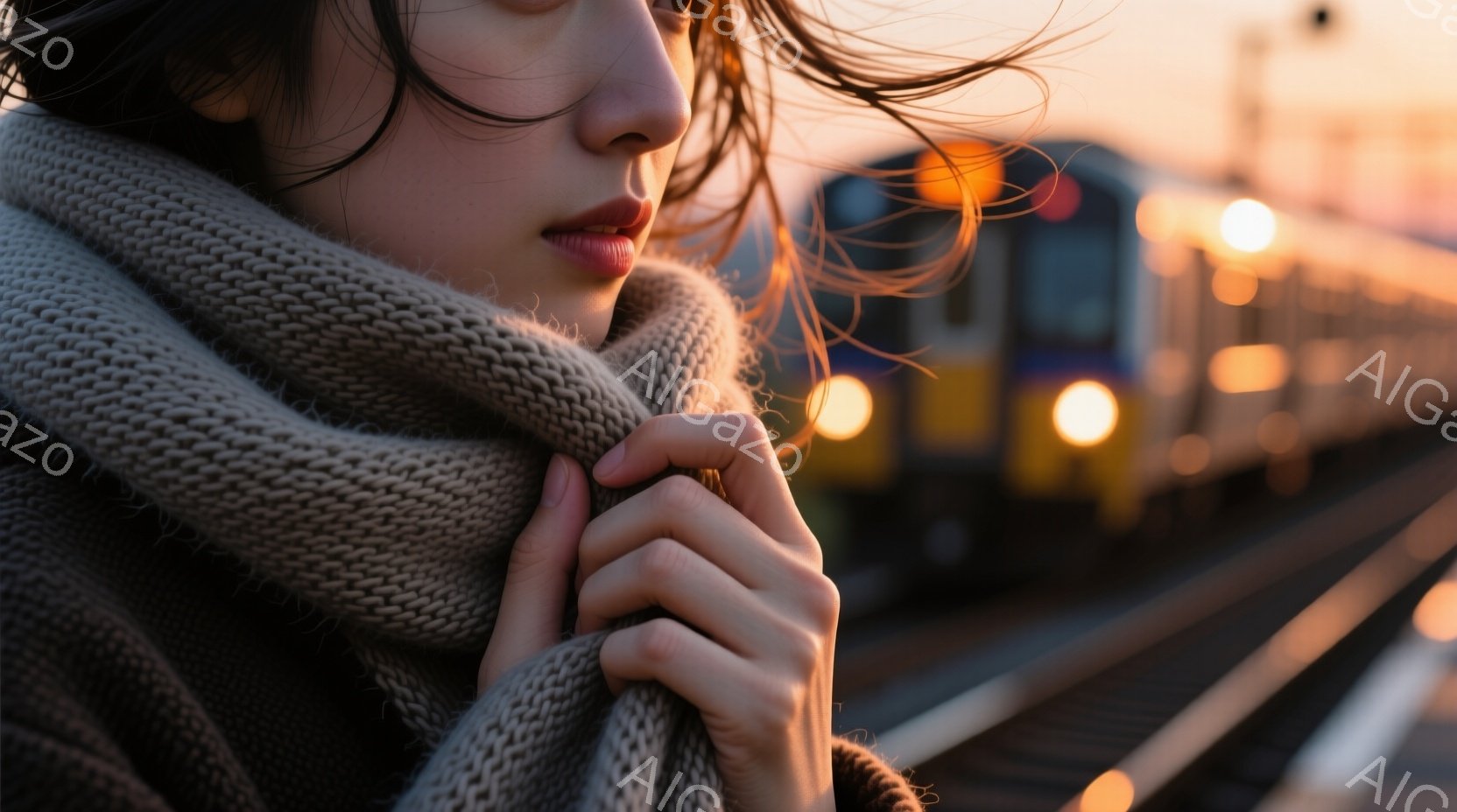 長い巻き毛の女性が、ベージュ色のざっくりとしたニットのショールを両手で抱きしめている。彼女の表情はどこか物憂げで、夕焼けに照らされた線路と遠くに見える列車がぼやけている。全体的に、暖かく、少し寂しげな雰囲気で、秋や冬の穏やかな情景を切り取った写真である。