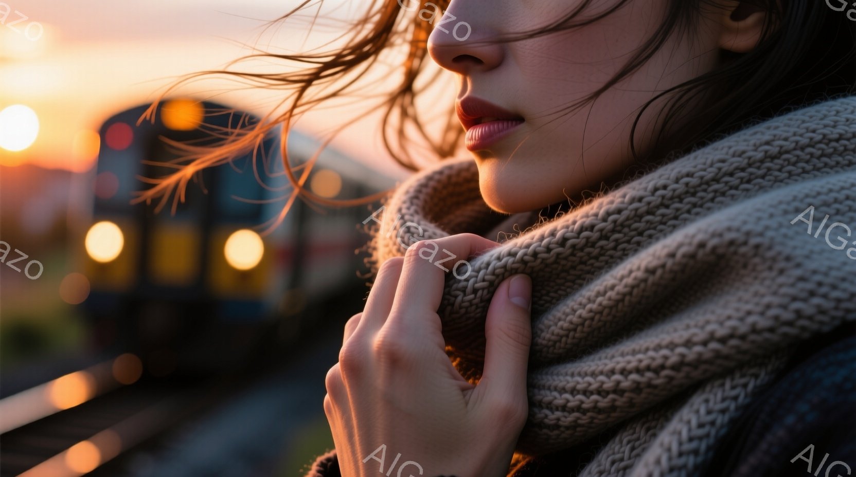 暖色の光に照らされた女性のポートレートで、彼女はオフホワイトのざっくりとしたニットのセーターを着ています。髪は風になびき、彼女はセーターの襟を両手で抱え、わずかに口を開けて何かを考えているような表情をしています。背景にはぼやけた線路と、夕暮れ時の暖かい光が差し込む風景が広がっており、物静かで思索的な雰囲気を醸し出しています。