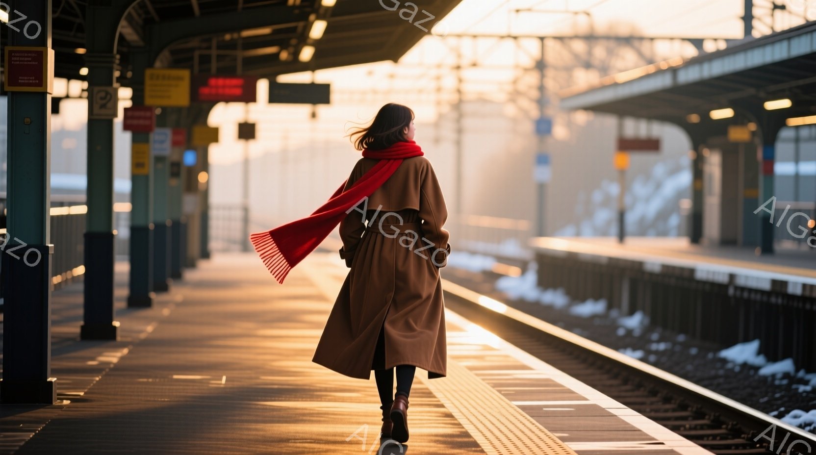 長い茶色のコートと赤いスカーフを身に着けた女性が、駅のプラットフォームを歩いている。彼女は後ろ姿で、髪は長く、プラットフォームの線に沿って歩いている。背景には、薄暗い冬の光の中で、線路と駅の構造物が見え、全体的に物憂げで穏やかな雰囲気を醸し出している。