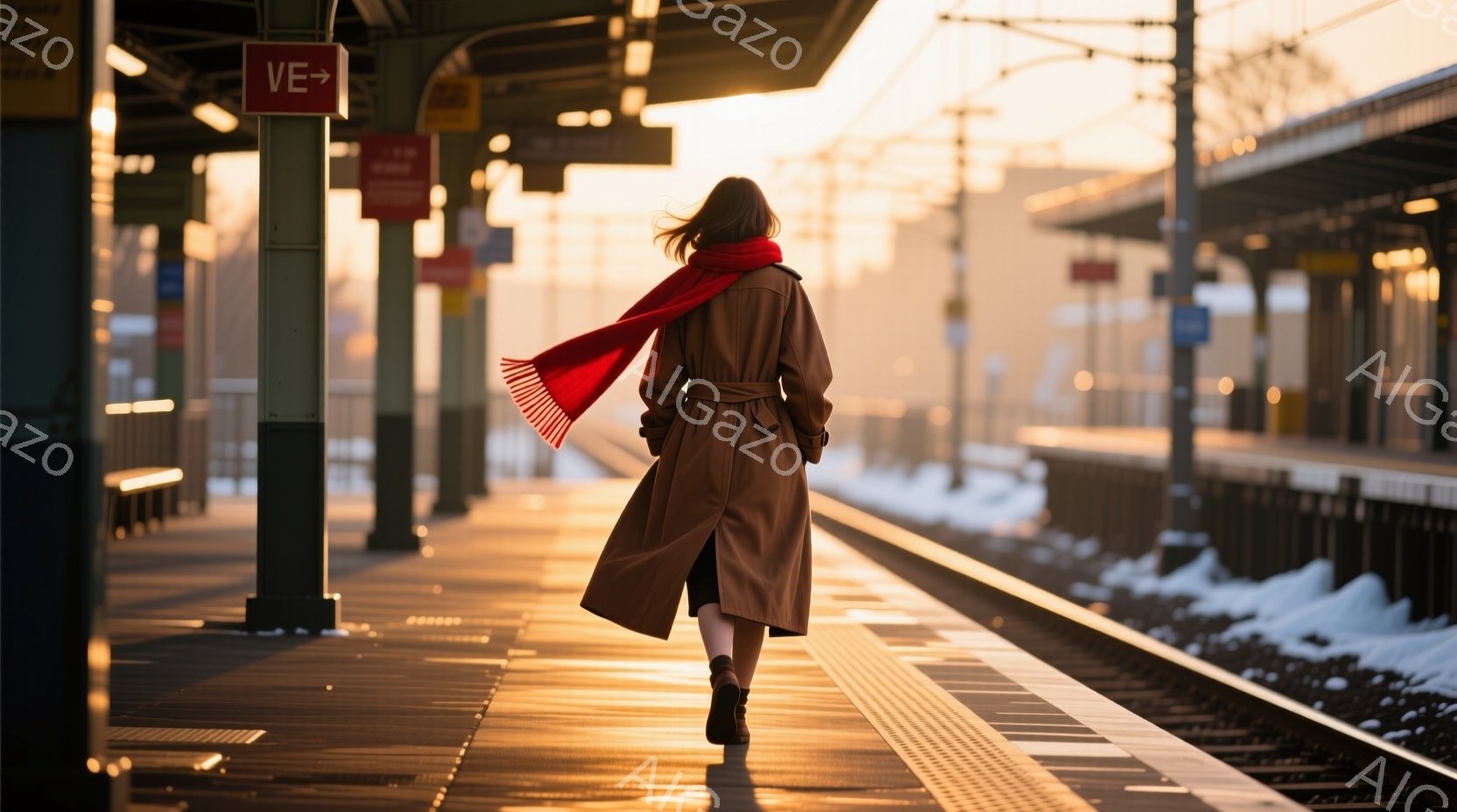 長い茶色のコートと赤いスカーフを身に着けた女性が、雪の積もったプラットフォームを歩いている。彼女は後ろ姿で、髪は風になびいている。背景には鉄道の線路と夕焼けの空が広がり、冬の静かで物憂げな雰囲気を醸し - AI生成フリー素材