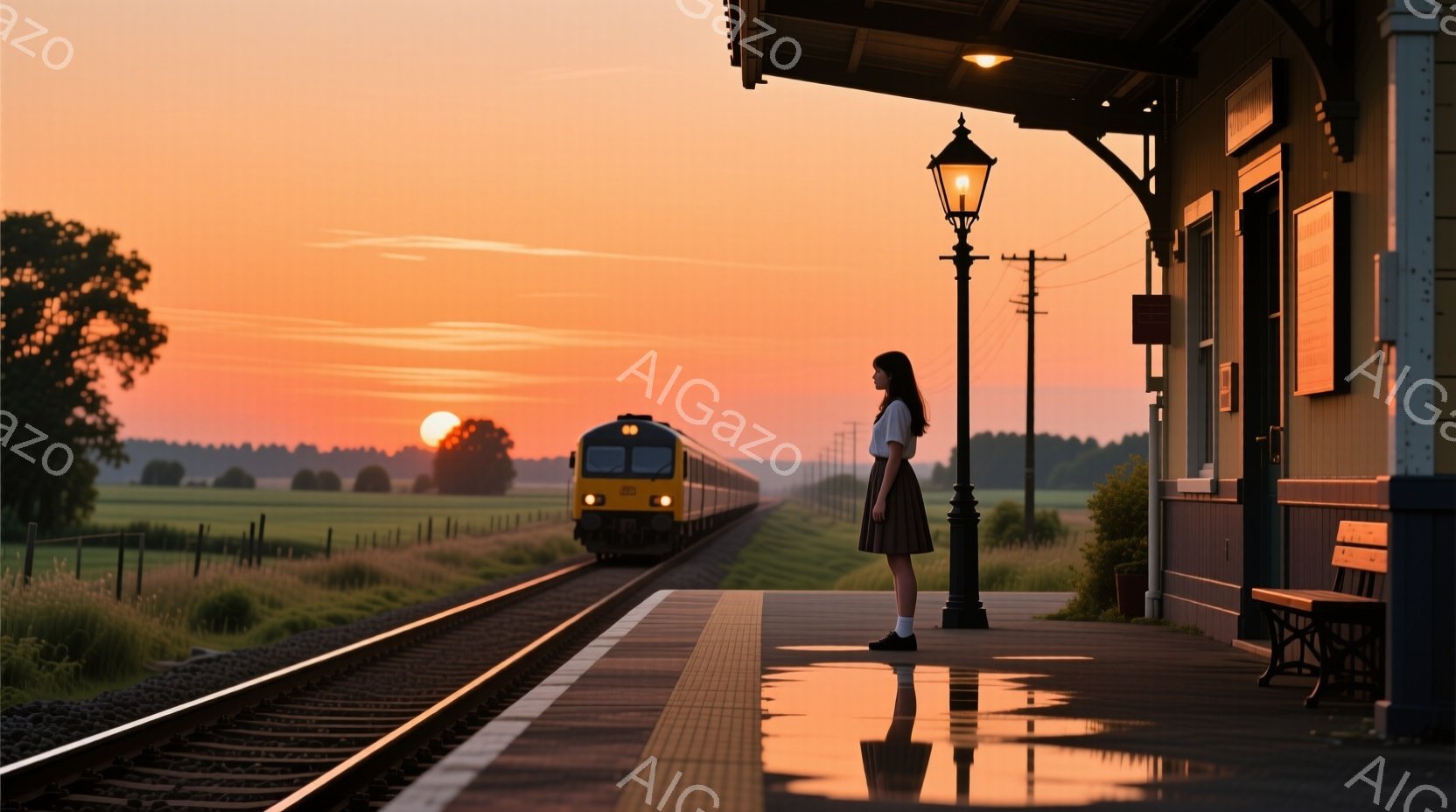 夕焼け空の下、少女が駅のホームに立っている。紺色のワンピースに白いシャツを着ており、黒髪を長く伸ばしている。彼女は線路に向かって立っており、遠くの列車を待っているか、何かを見つめているような、物憂げな表情をしている。