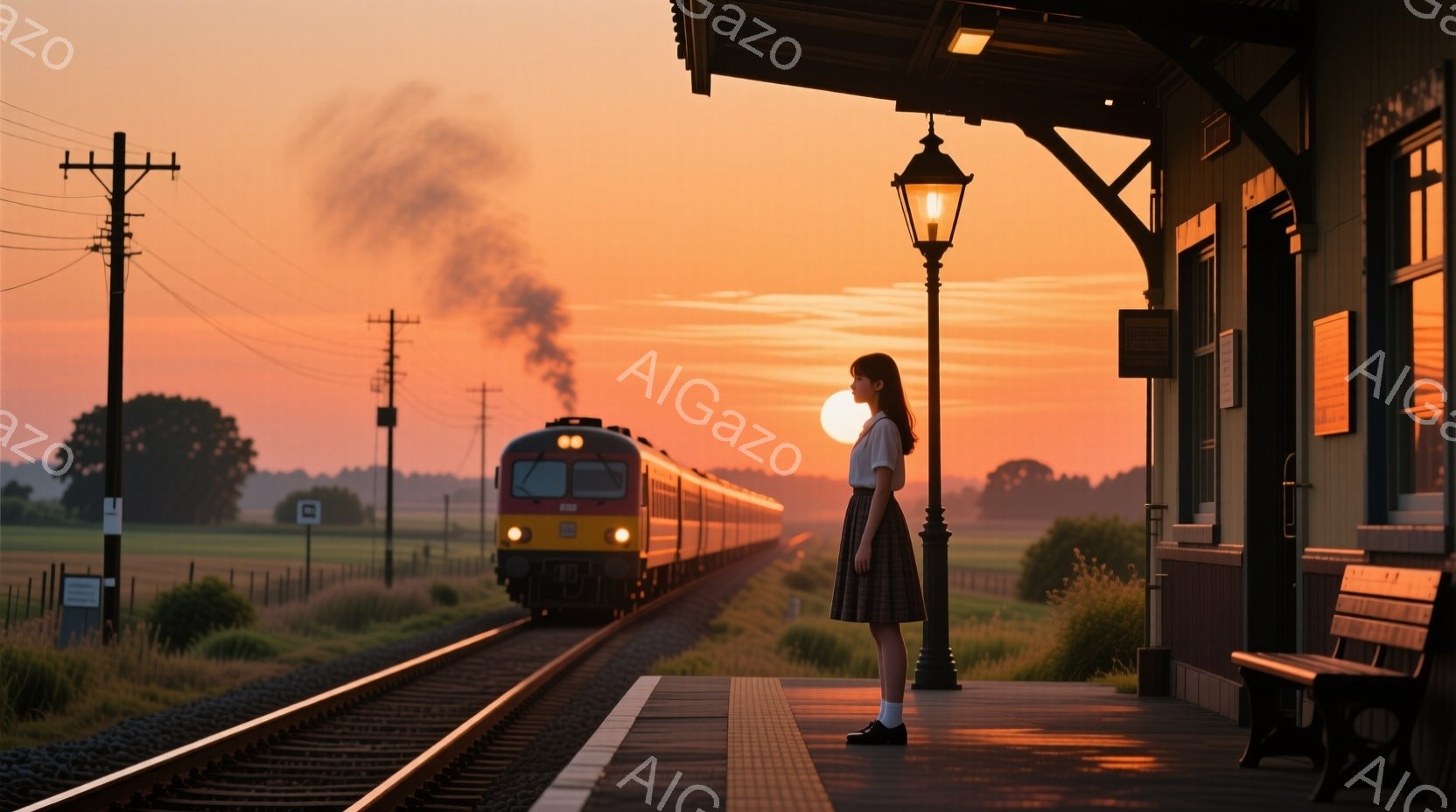プラットフォームに立つ少女は、膝丈のスカートと、黒い靴を履いています。彼女は後ろを向いており、遠くに見える列車を見つめています。背景には緑豊かな田園風景が広がり、夕焼け空が暖かく穏やかな雰囲気を醸し出 - AI生成フリー素材