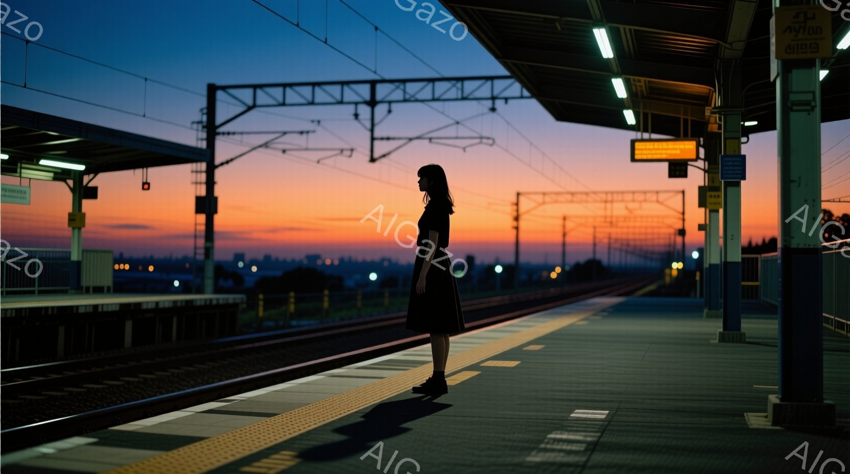 プラットフォームに立つ女性は黒いワンピースを着ており、後ろ姿からは髪型や表情はっきりとはわからないが、少し物憂げな雰囲気が漂う。背景には夕焼け空が広がり、オレンジと紫のグラデーションが印象的で、遠くには市街地と緑豊かな丘が見える。全体的に、静かで落ち着いた、少し寂しげな雰囲気が漂っている。