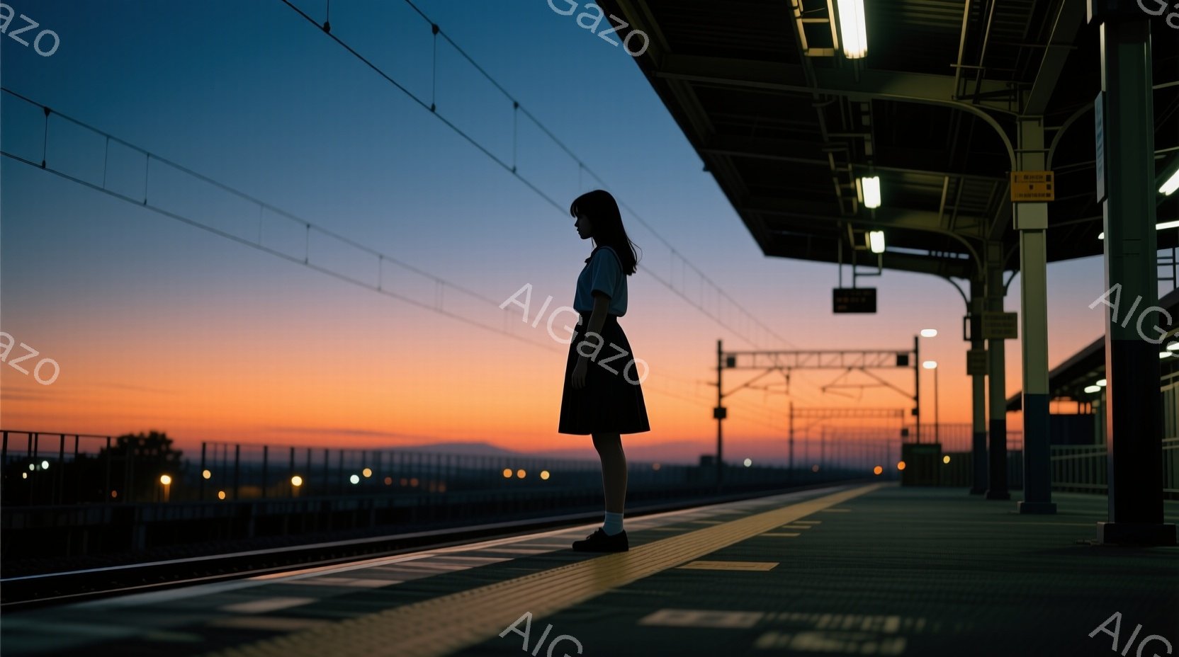 夕暮れ時の駅のホームに立つ少女が描かれている。彼女は白いシャツと黒いスカートを身に着け、肩までの長さの黒髪で、少し俯いた姿勢で遠くを見つめている。背景にはオレンジと紫が混ざり合った美しい夕焼けが広がり、ホームの黄色い安全線と駅の構造物がシルエットとして浮かび上がっている。