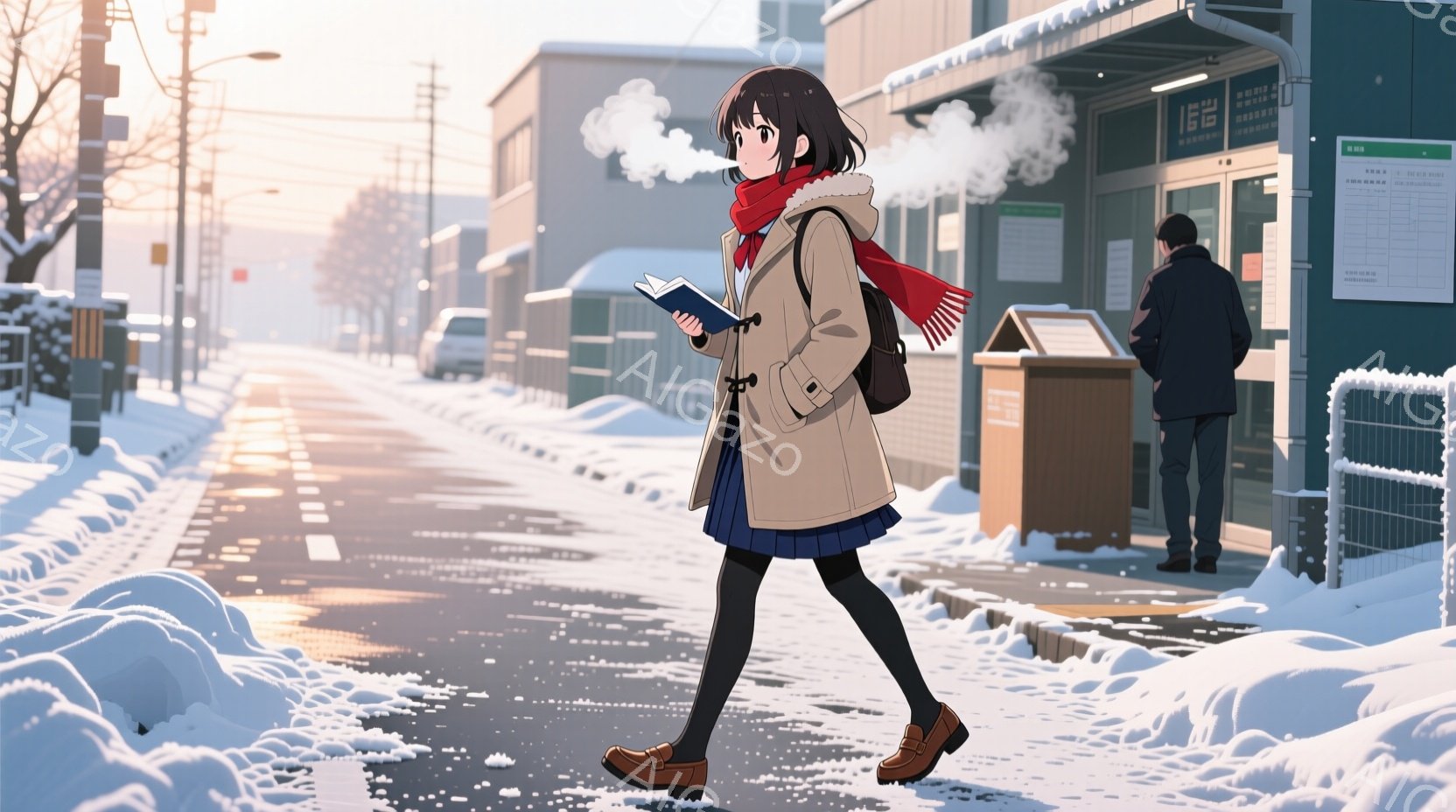 少女は冬の雪景色の中を歩いています。彼女は茶色のコート、赤いマフラー、紺色のスカート、そして茶色のブーツを履いており、手に本を持っています。背景には雪に覆われた建物や道路があり、空気は冷たく、暖かな光 - AI生成フリー素材