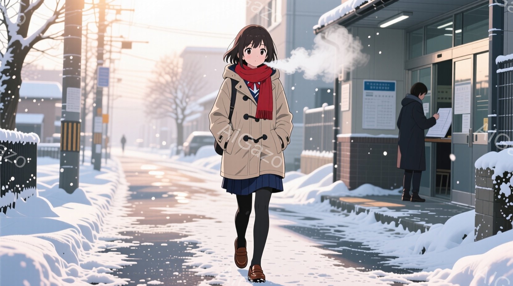 雪が降る冬の街並みで、ショートヘアの少女が歩いている。彼女はベージュ色のコート、赤いマフラー、プリーツスカート、黒いタイツ、茶色の靴を着用しており、少し微笑んでいるように見える。背景には建物、雪に覆わ - AI生成フリー素材