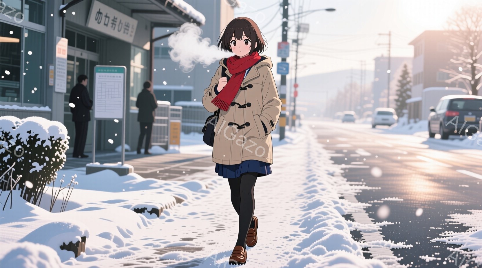 雪が降る街並みを、茶色の髪を肩まで伸ばした少女が歩いている。彼女はベージュ色のコートに赤いマフラーを巻き、紺色のスカートと茶色のブーツを履いている。背景には、雪に覆われた建物と道路、そしてわずかに見え - AI生成フリー素材