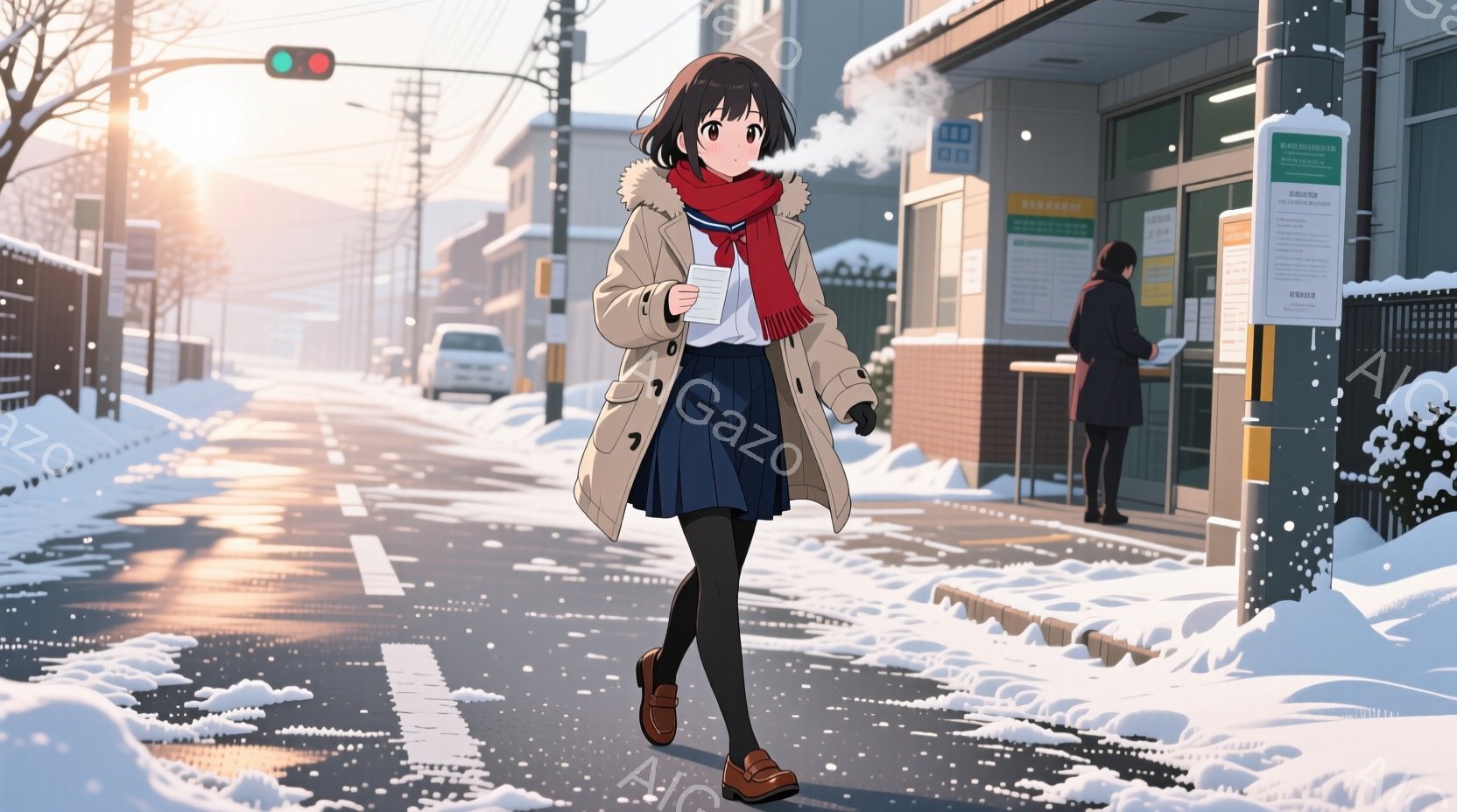 茶髪の少女が、白い雪が積もった道路を歩いている。彼女はベージュのコート、白いセーター、紺色のプリーツスカート、黒いタイツ、茶色の靴を身につけている。背景には建物や木々が見え、雪景色が広がり、冷たい冬の - AI生成フリー素材