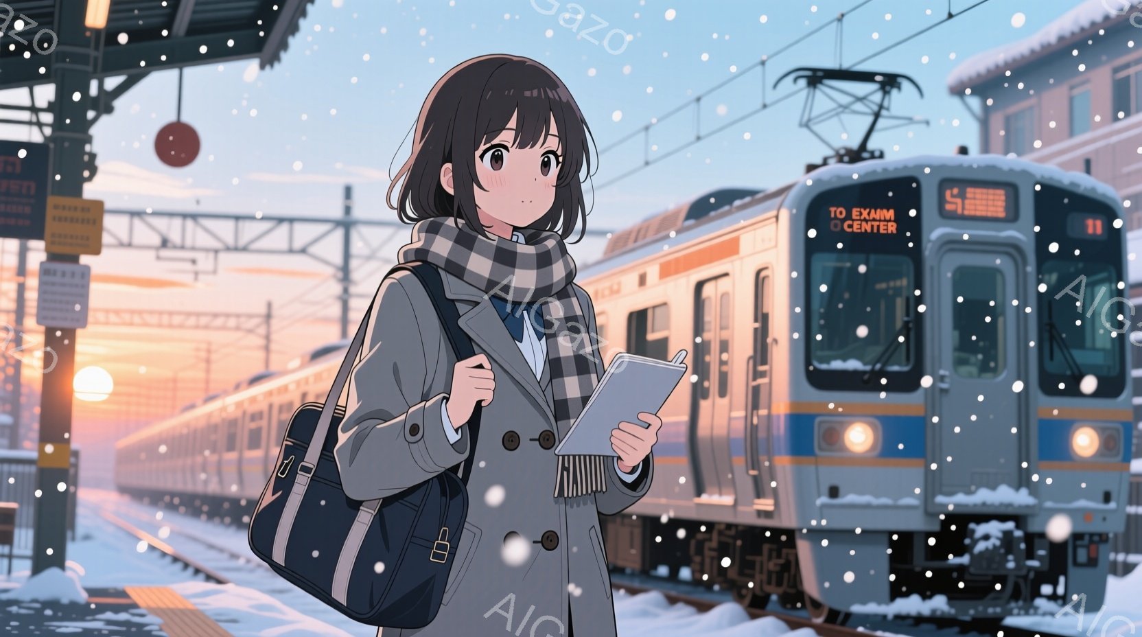 雪が降る駅のプラットフォームに立つ若い女性が描かれています。彼女は黒髪のショートヘアで、グレーのコート、白いシャツ、ネクタイを着用し、肩に黒いリュックサックをかけています。彼女は手の中にタブレット端末を持ち、少し微笑んで何かを見ているようです。