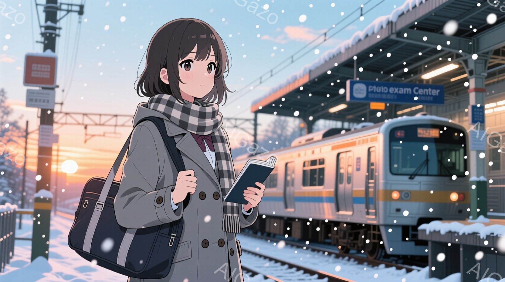 雪が降る駅のホームに立つ若い女性が描かれています。彼女はグレーのコート、白いセーター、チェック柄のマフラーを身につけ、肩に黒いリュックを背負っています。彼女は本を手に持ち、少し微笑んでいます。