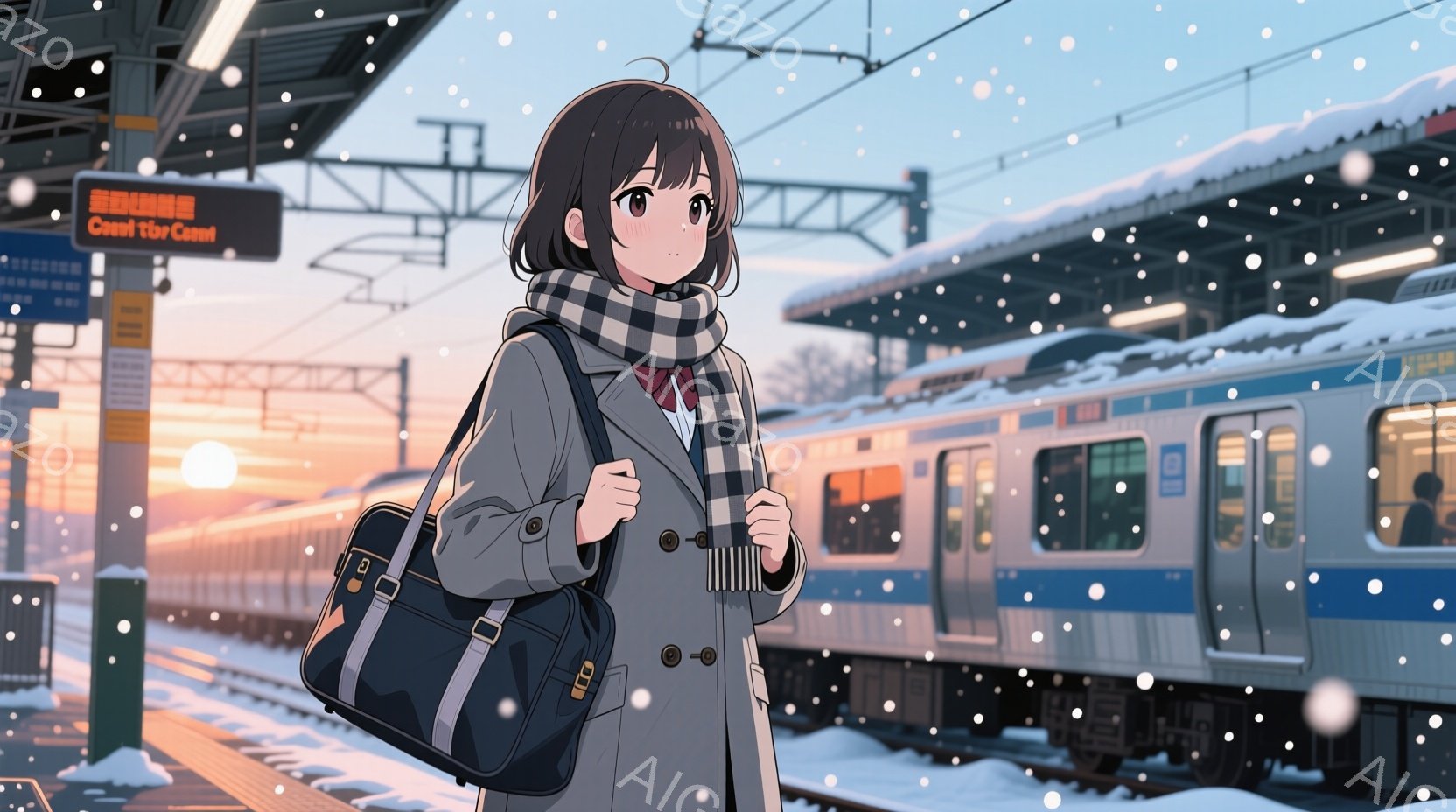 雪が降る駅のプラットフォームに、制服を着た女子高生が立っている。彼女は黒髪のショートボブで、赤いマフラーと白いシャツがコートから覗き、肩に黒いショルダーバッグをかけている。背景には雪景色が広がり、列車が停車しており、全体的に少し寂しげで冬の雰囲気が漂っている。