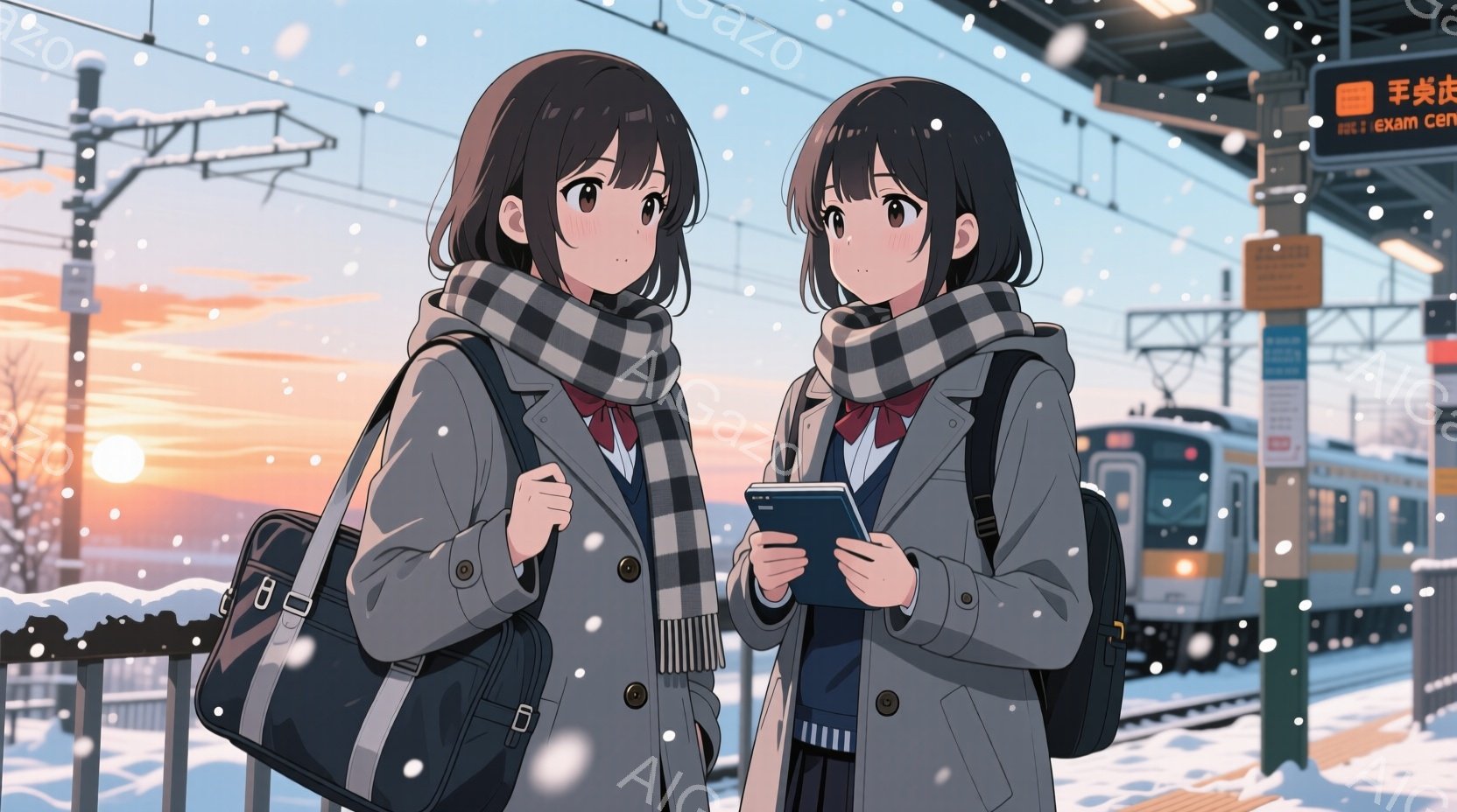 雪が降るプラットフォームに、制服を着た若い女性が二人立っている。彼女たちはそれぞれグレーのコートとマフラーを身につけ、片手にタブレット端末を持っている。背景には、夕焼けの空と電車の線路が広がり、冬の穏やかで少し寂しげな雰囲気を醸し出している。