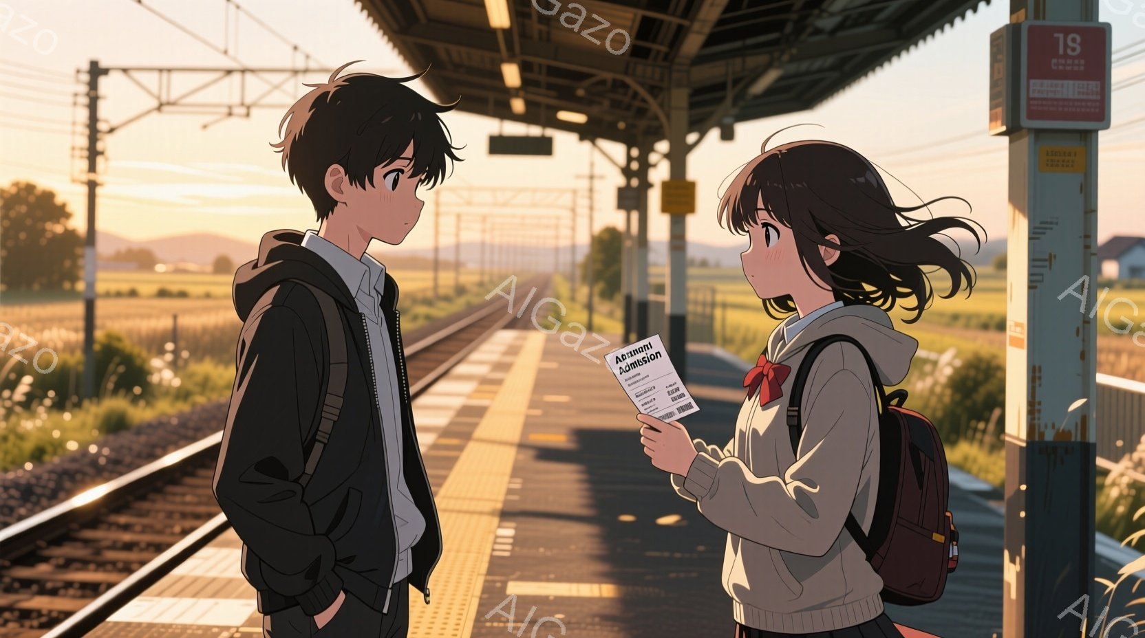 少年と少女が駅のホームに立っている。少年は黒髪で、黒いジャケットを着て、手はポケットに入れている。少女は茶色の巻き髪で、白いセーターとスカートを着て、手にチケットを持っている。