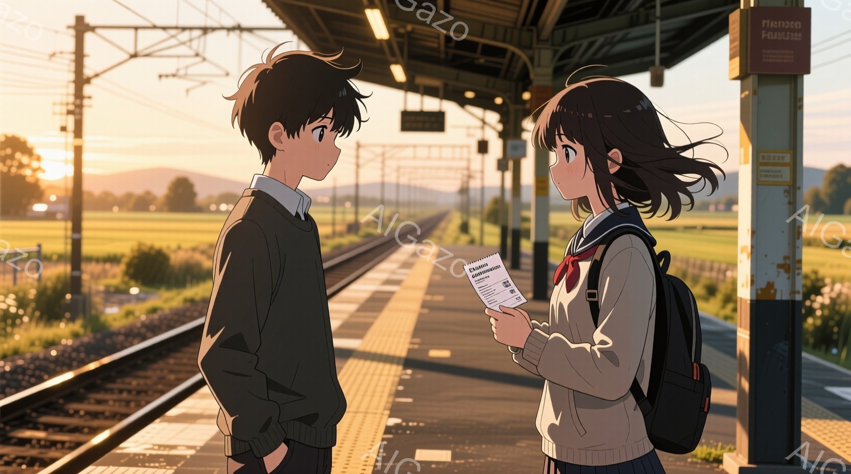 駅のプラットフォームで向き合って話している男女が描かれています。男性は黒いジャケットを着ており、髪は短く整えられています。女性は制服姿で、長い髪を後ろで束ねています。背景には線路と緑豊かな風景が広がり、夕焼けのような暖かい光が全体を包み込んでいます。