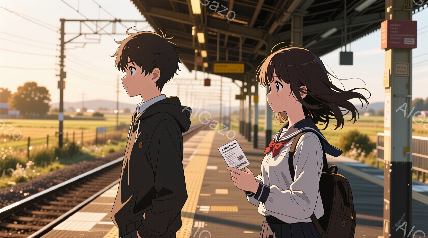 駅のホームに立つ少年と少女が描かれています。少年は黒いジャケットとズボンを着用し、後ろを向いており、少し憂いを含んだ表情をしています。少女はセーラー服を着て、片手に何か紙のようなものを持っており、少し不安そうに見えます。背景には緑豊かな田園風景が広がり、夕焼けのような暖かい光が全体を包んでいます。