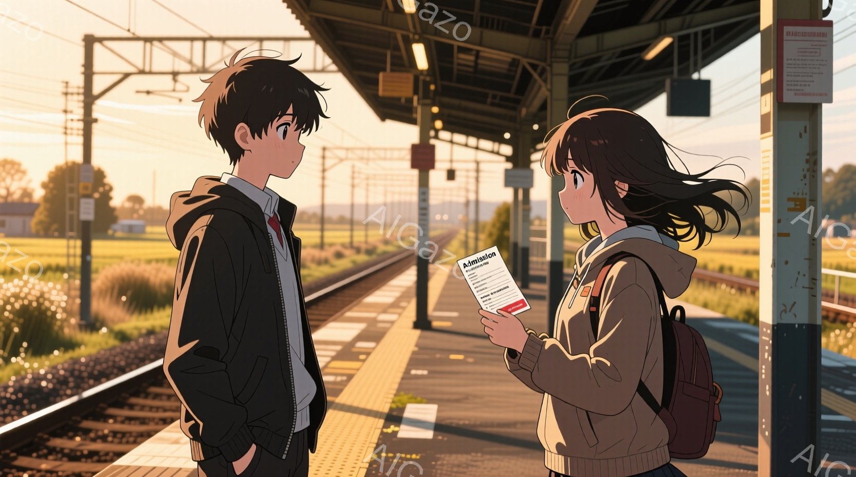 少年は黒いブレザーに白いシャツを着て、片手をポケットに入れています。少女は茶色のオーバーサイズセーターにスカート、肩にリュックサックを背負い、何か書類のようなものを持っています。二人は線路のプラットフォームに立ち、夕焼けの空と黄金色の田園風景を背景に、少し緊張した、しかし親密な雰囲気のようです。