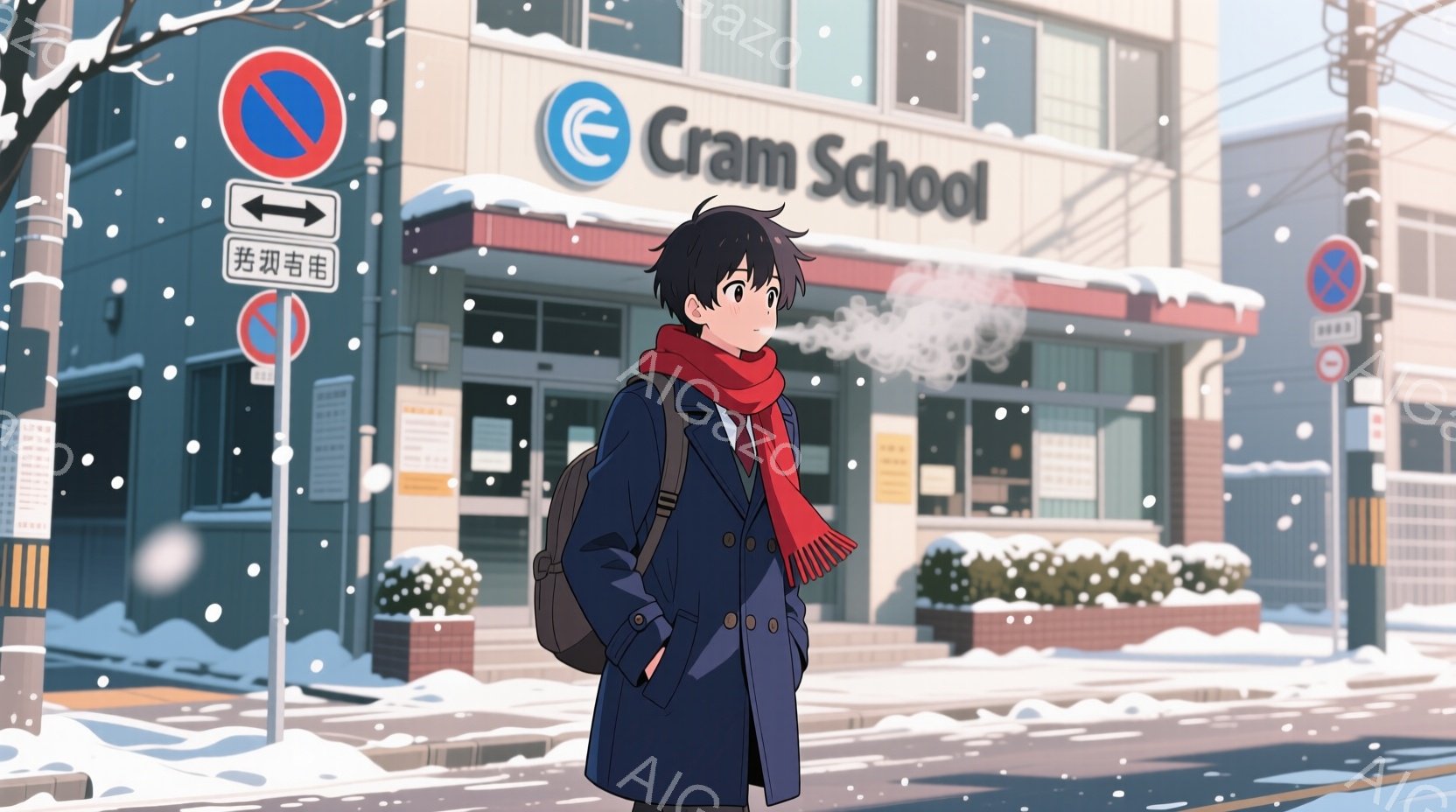 雪が降る街並みで、紺色のコートと赤いマフラーを身につけた少年が描かれています。少年は肩にリュックサックをかけ、少し上目遣いで、どこか物思いにふけるような表情をしています。背景には、「Cram School」と書かれた建物や、雪に覆われた植栽が見え、全体的に静かで冬らしい雰囲気が漂っています。