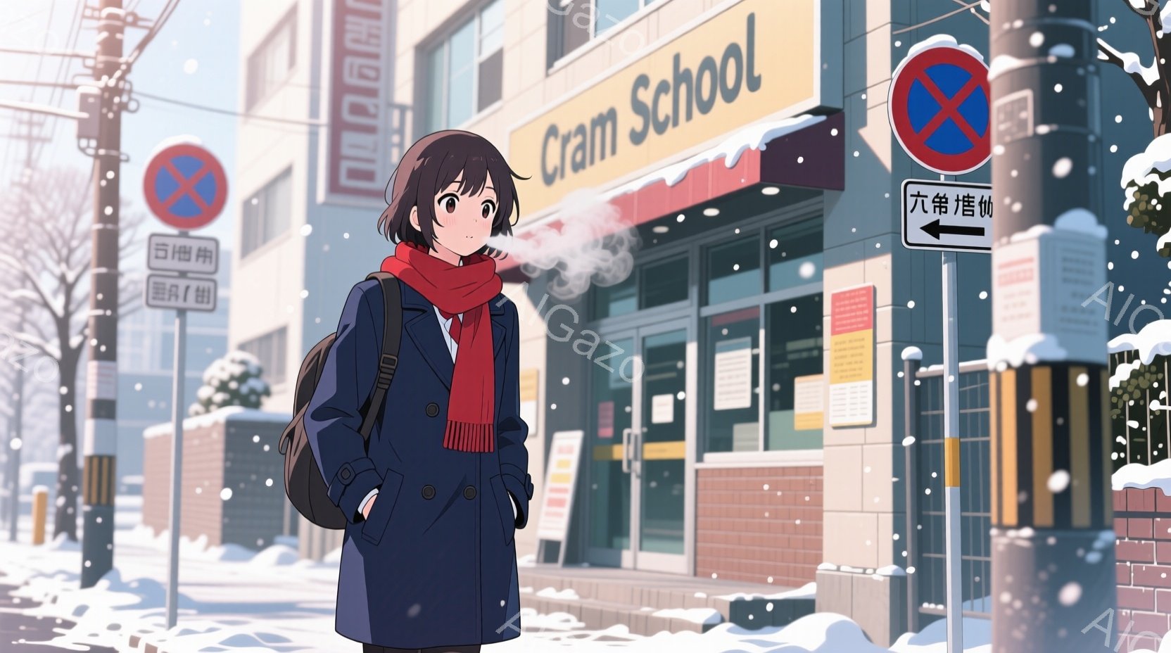 紺色のコートに赤いマフラーを巻いた少女が描かれています。彼女は肩にリュックサックをかけ、雪が降る通りの外で、少し寒そうに息を吐いています。背景には「Cram School」と書かれた看板のある建物があり、雪景色と合わせて、静かで少し寂しげな冬の雰囲気を醸し出しています。