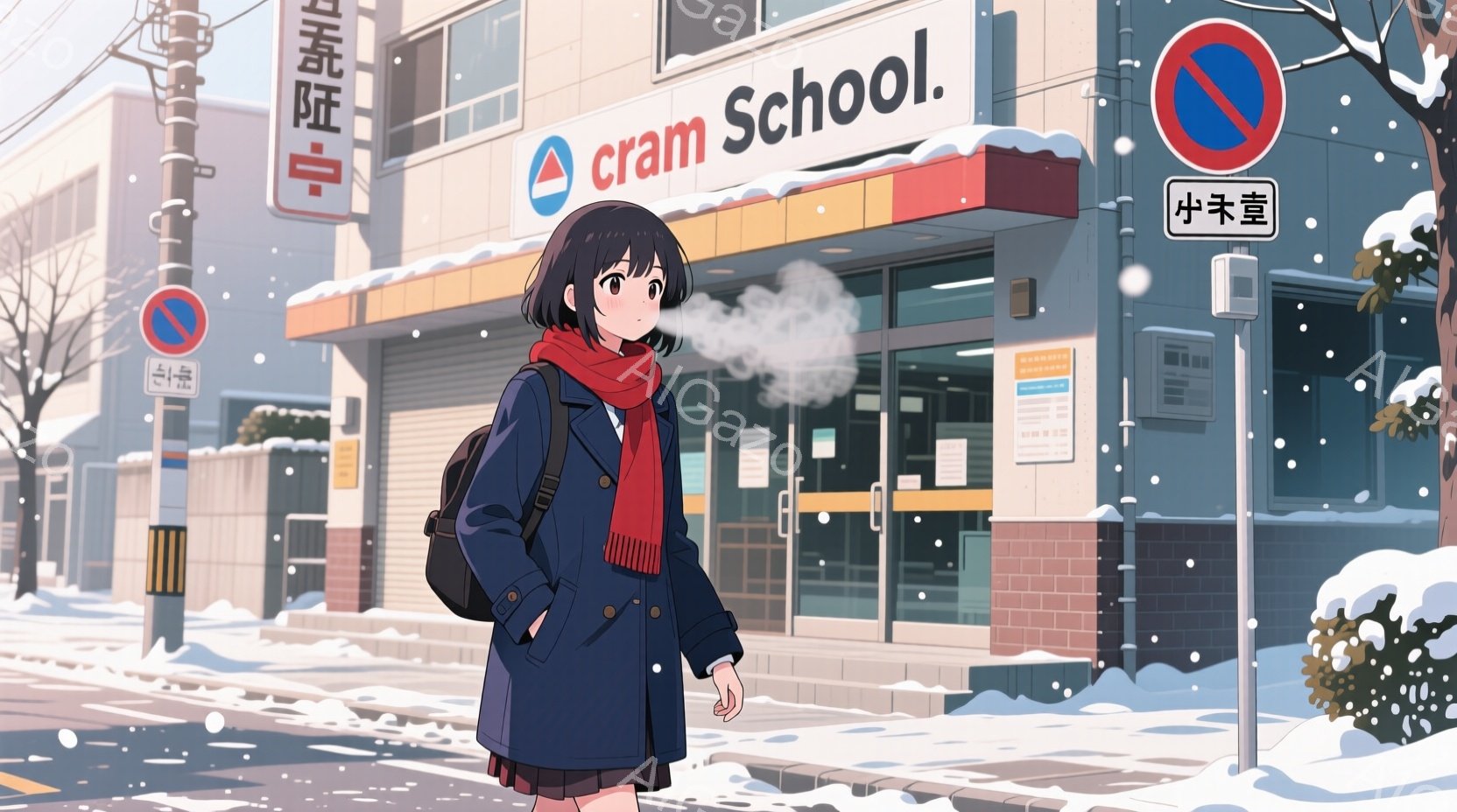 冬の街並みを背景に、紺色のコートとチェック柄のスカートを身につけた少女が描かれている。彼女は赤いマフラーを巻き、白い息を吐き出しており、少し寂しげな表情をしている。背景には「cram school」と書かれた建物があり、雪が降る中、少女が歩いている様子から、試験勉強のために塾へ向かっているような雰囲気が漂う。