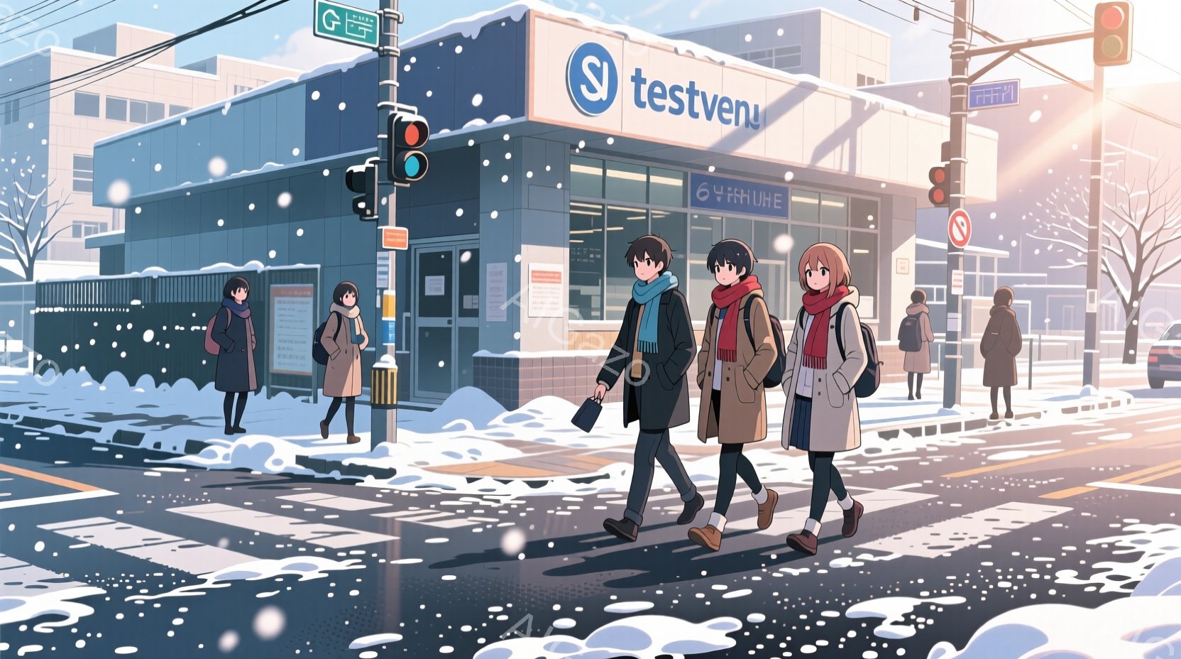 雪が降り積もる街並みの中、３人の若者が横断歩道を歩いている。彼らは冬のコート、マフラー、帽子を着用し、学校から帰る学生のような雰囲気である。背景には建物や木々が見え、全体的に静かで穏やかな冬の日の光景 - AI生成フリー素材