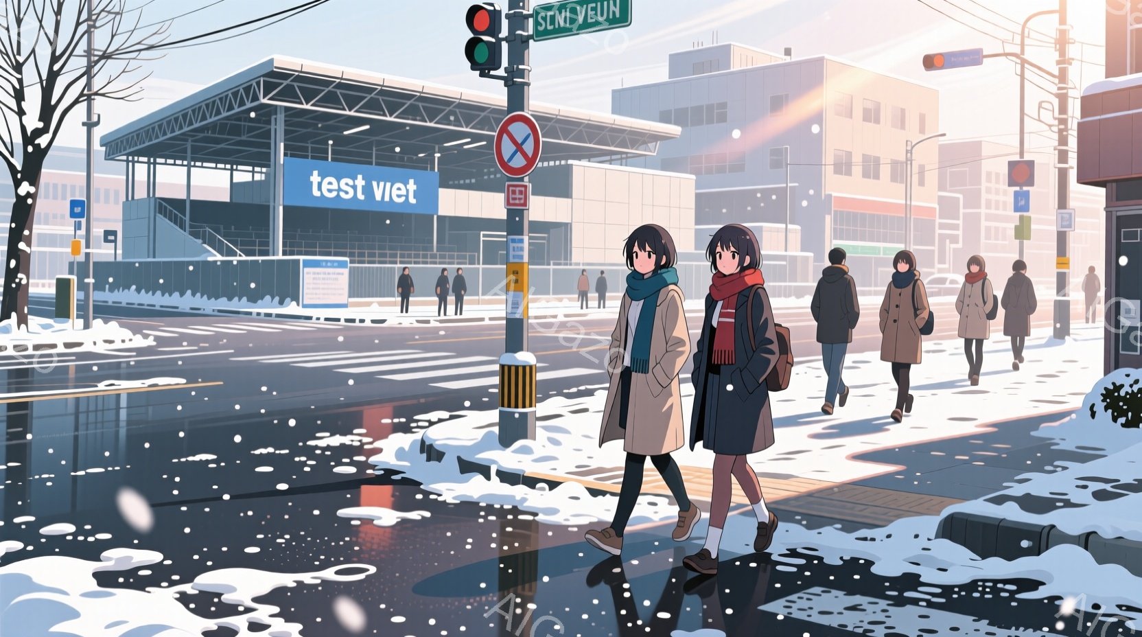 雪が降る街並みの中を歩く人々が描かれています。若い女性は、キャメル色のコートに赤いマフラーを巻き、黒髪を肩まで伸ばしています。背景にはコンクリート製の高層ビルが立ち並び、交通標識や信号機が設置されてお - AI生成フリー素材