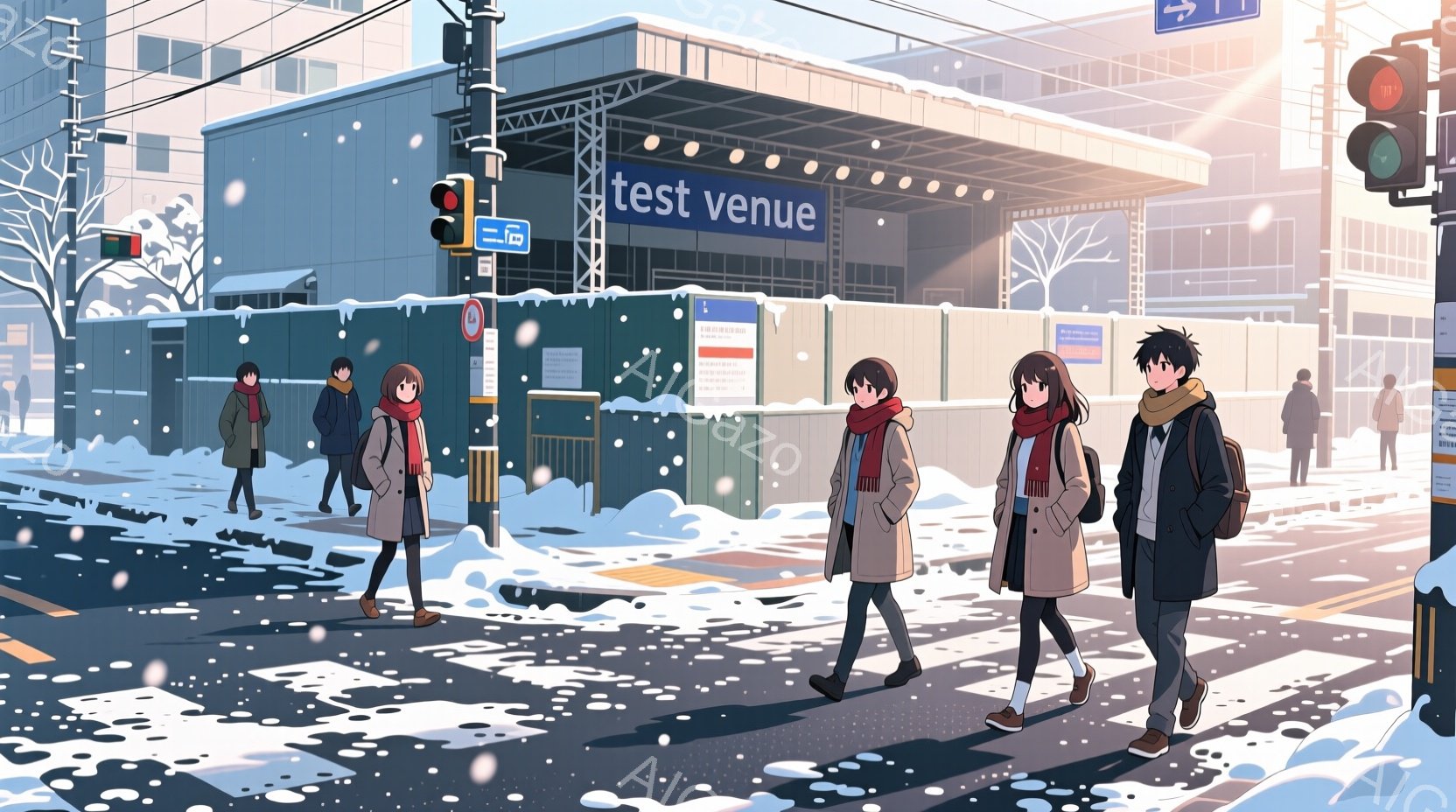 吹雪の降る冬の街並みで、制服姿の若者たちが横断歩道を歩いている。先頭の女性は茶色のコートと赤いマフラーを着用し、前を向いて歩いている。背景には、白い壁に「TEST VENUE」と書かれた建物と、雪で覆 - AI生成フリー素材