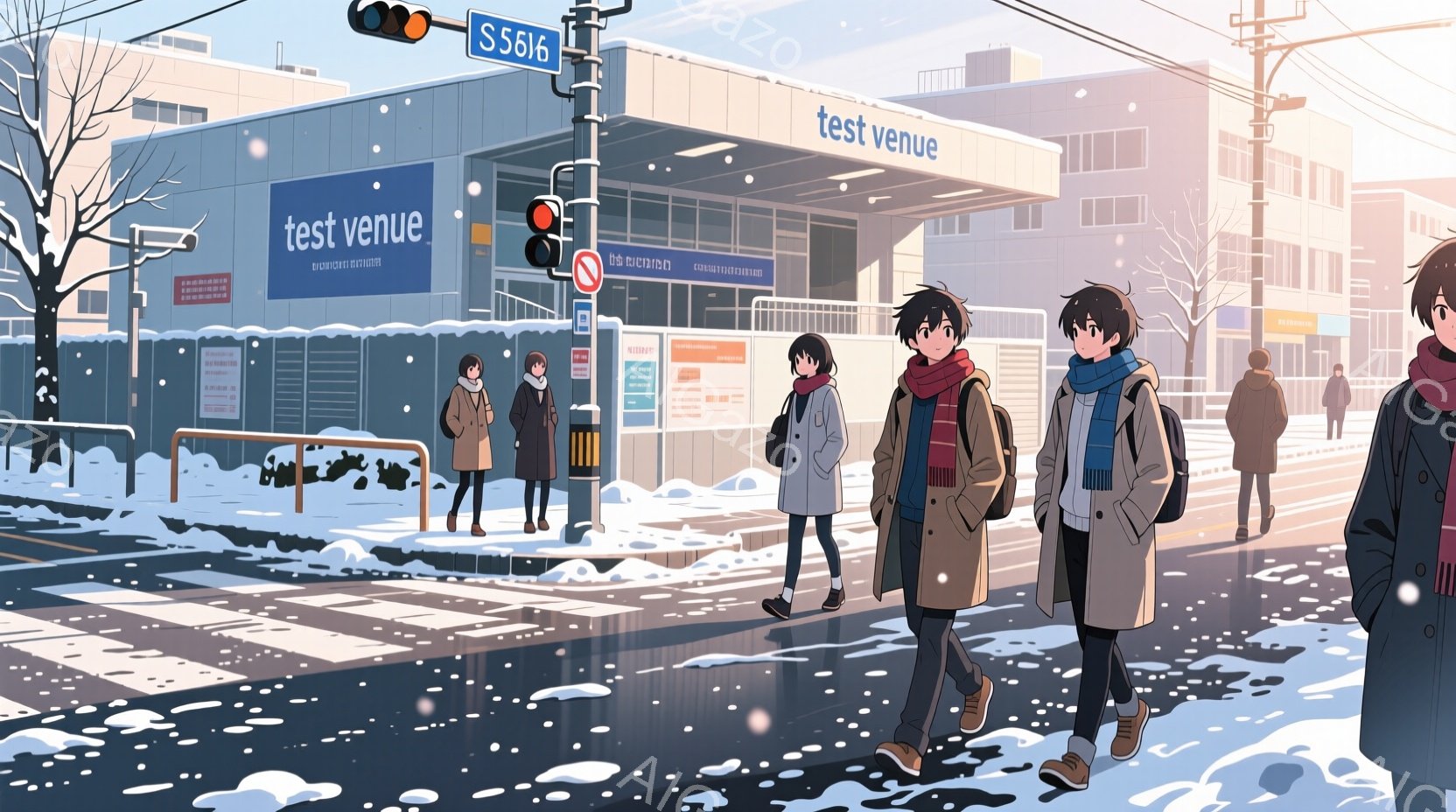 雪が降る冬の街並みで、複数の学生が横断歩道を歩いている。彼らは皆、冬らしい服装で、コートやマフラー、帽子を着用し、表情は穏やかで、リラックスした様子である。背景には、試験会場と書かれた近代的な建物がそ - AI生成フリー素材