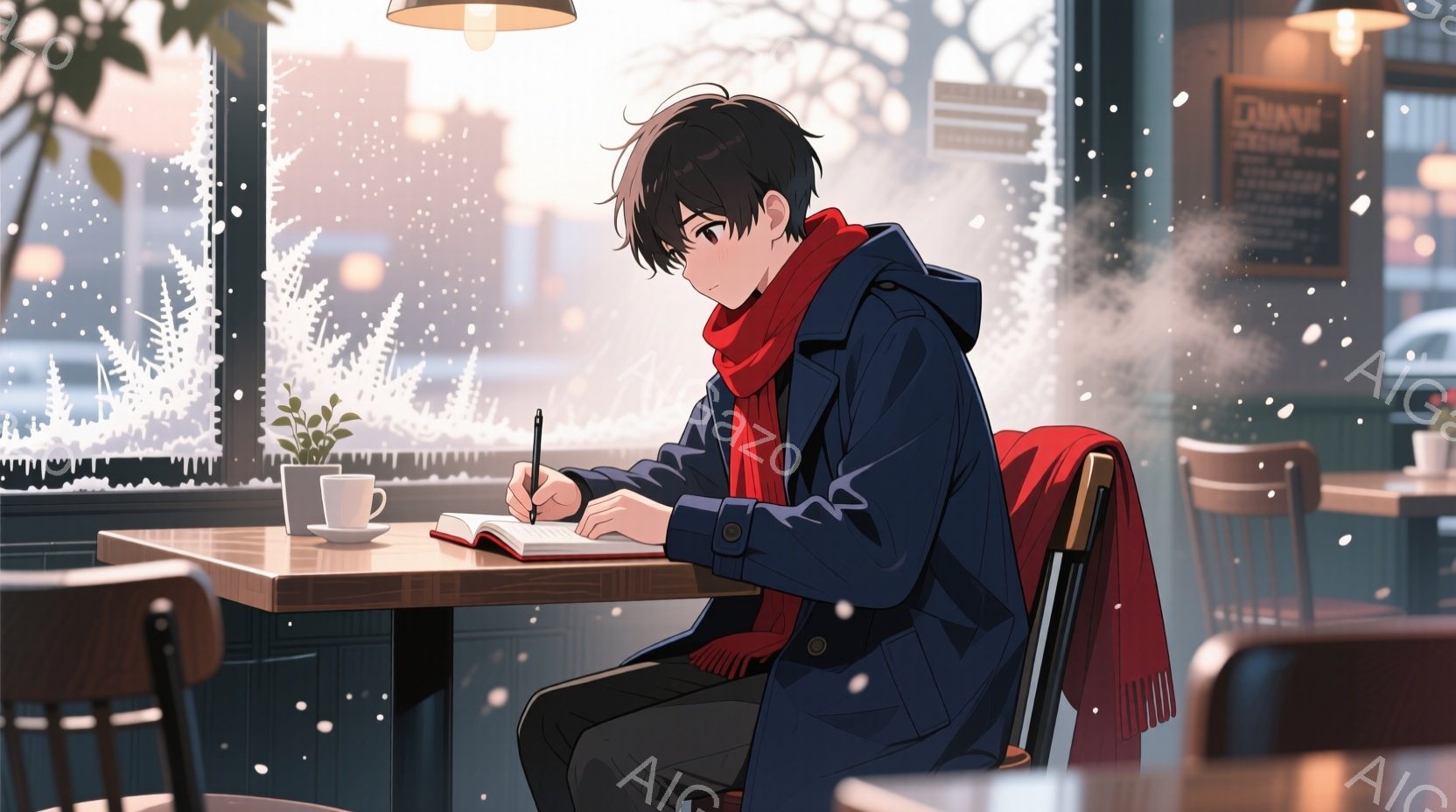 少年は窓際のカフェでノートに何かを書き込んでいます。彼は濃い青色のパーカーと赤いマフラーを身につけ、黒髪を無造作に整えています。背景には雪が降る街並みがぼんやりと見え、暖かい室内とのコントラストが、静 - AI生成フリー素材