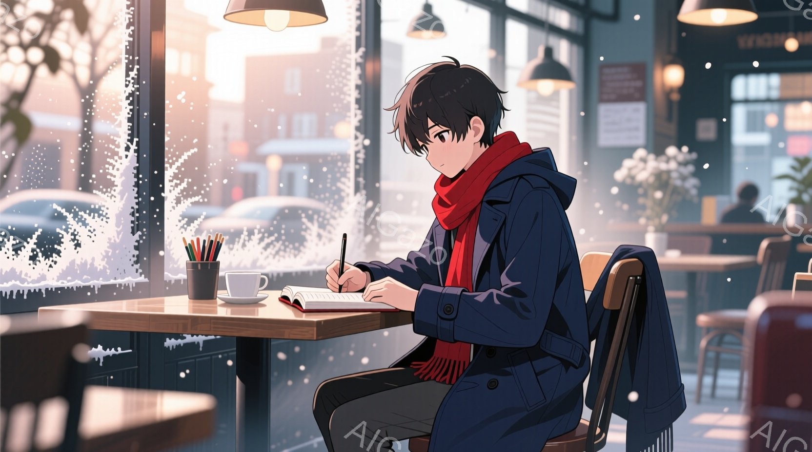 若い男性がカフェの窓際で描画に集中している。彼は紺色のコートと赤いマフラーを身につけ、黒髪を少し無造作に整えている。窓の外は雪が降り積もり、カフェの暖かい光と雪景色が対照的な冬の雰囲気を醸し出している。