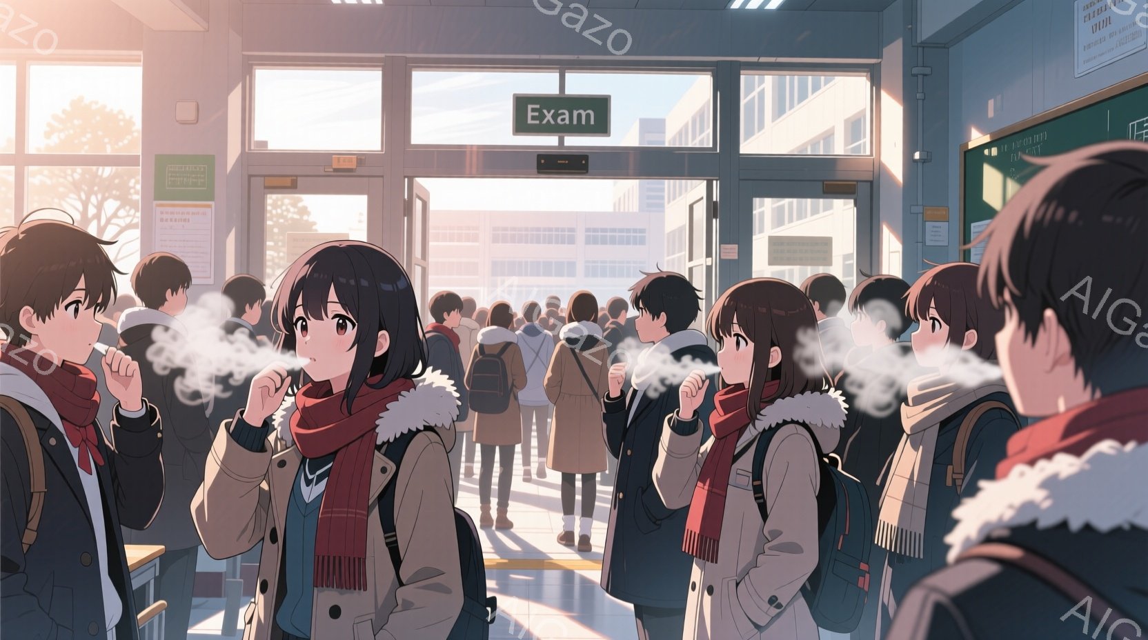 多くの学生が冬の朝に学校の廊下に並んでおり、口から白い息を吐き出している。彼らは皆、紺色のブレザーに白いシャツ、そして様々な冬のアクセサリーを身に着けており、表情は少し緊張しているように見える。背景には、晴れた空の下に学校の建物が見え、冷たい冬の朝の雰囲気が漂っている。