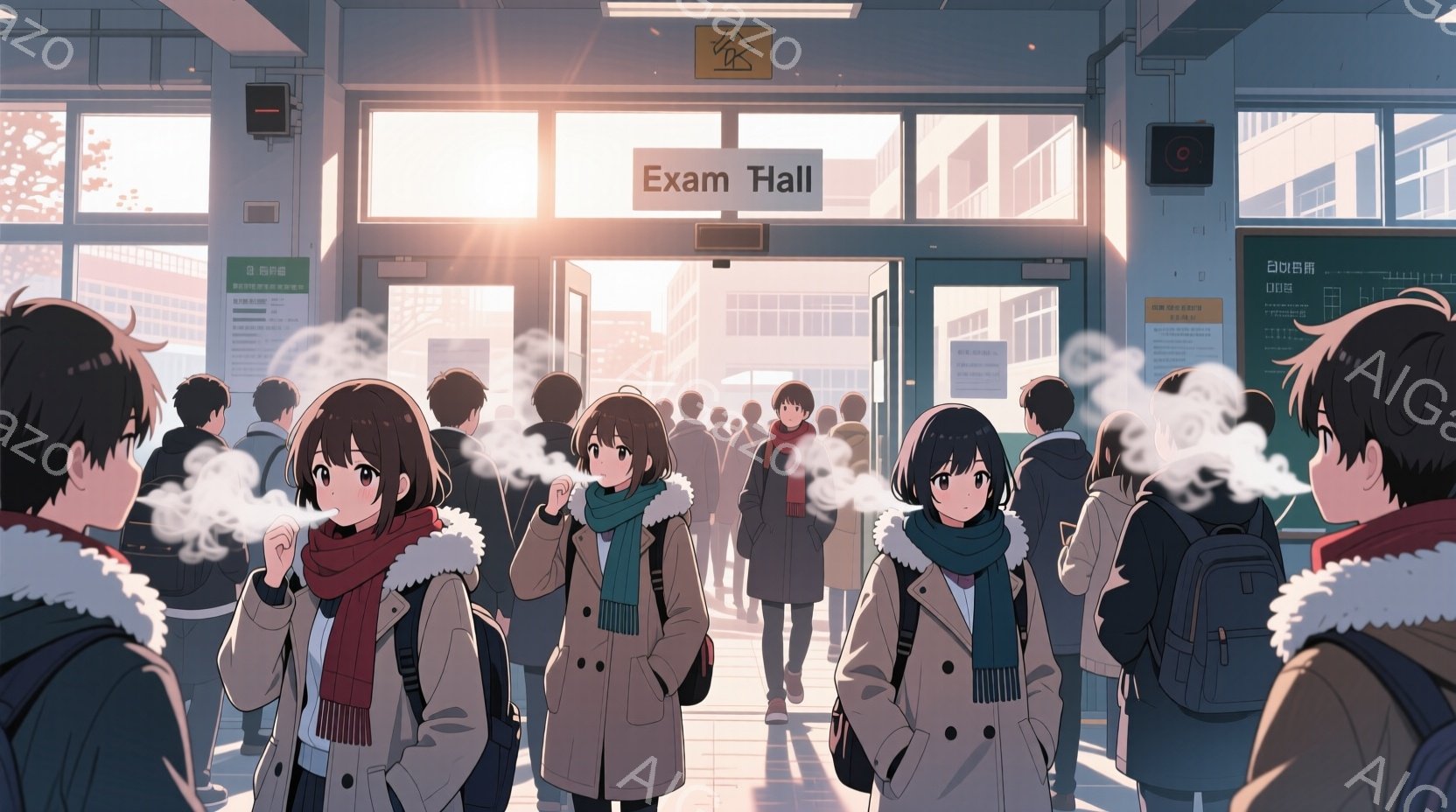 多くの学生たちが試験会場の入り口から出てくる様子が描かれています。彼らは冬の服装で、コートやマフラーを身につけ、白い息を吐いています。背景には試験会場と思われる建物と、薄暗い冬の空が広がり、少し寒々とした、しかし安堵感のある雰囲気が漂っています。