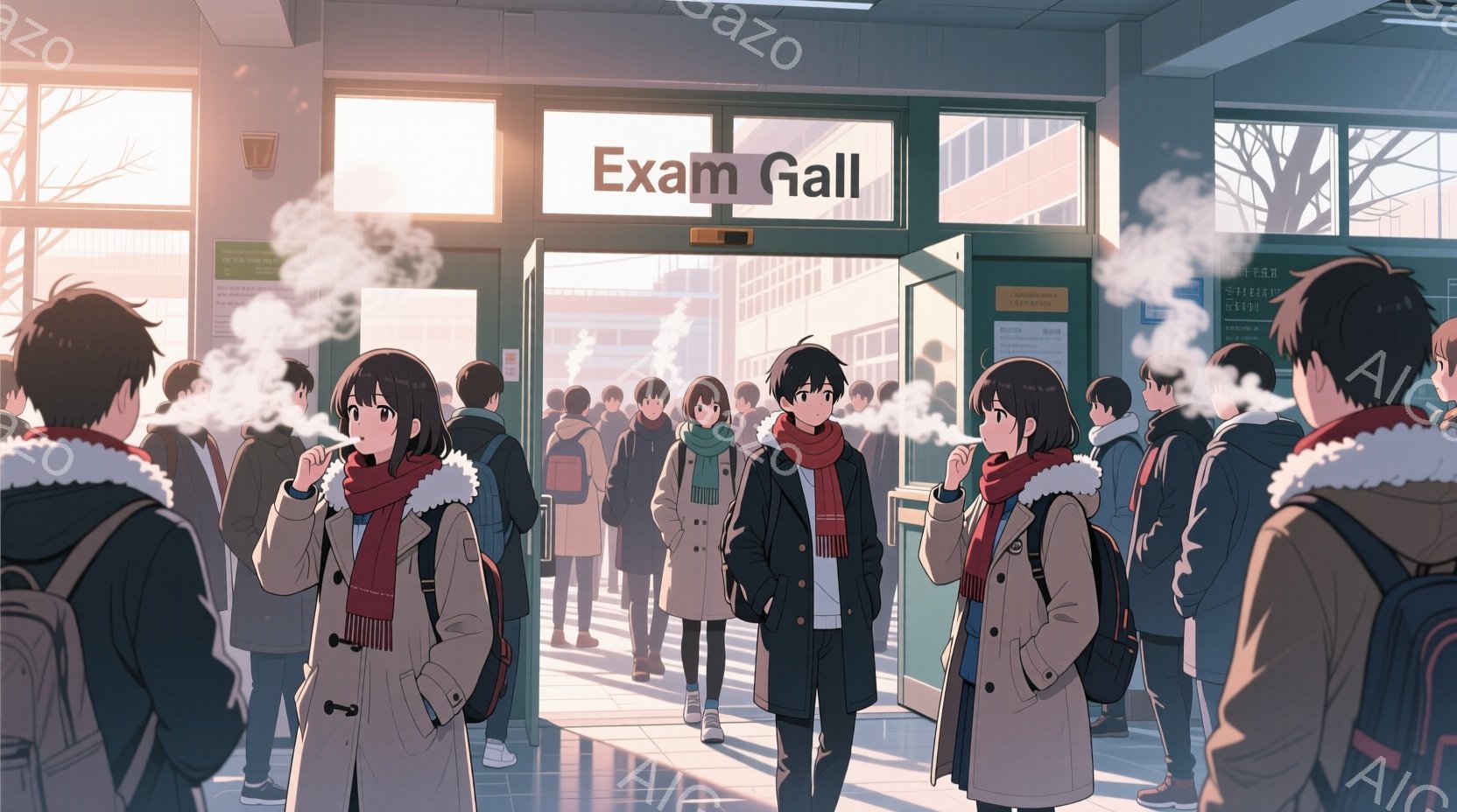 制服を着た学生たちが、寒そうな冬の日に学校の廊下で列を作っています。彼らは皆、冬のコート、マフラー、バックパックを身に着け、息が白いことから、非常に寒いことがわかります。背景には廊下の奥に扉があり、壁にはポスターが貼られ、全体的に穏やかで日常的な学校生活の雰囲気が漂っています。