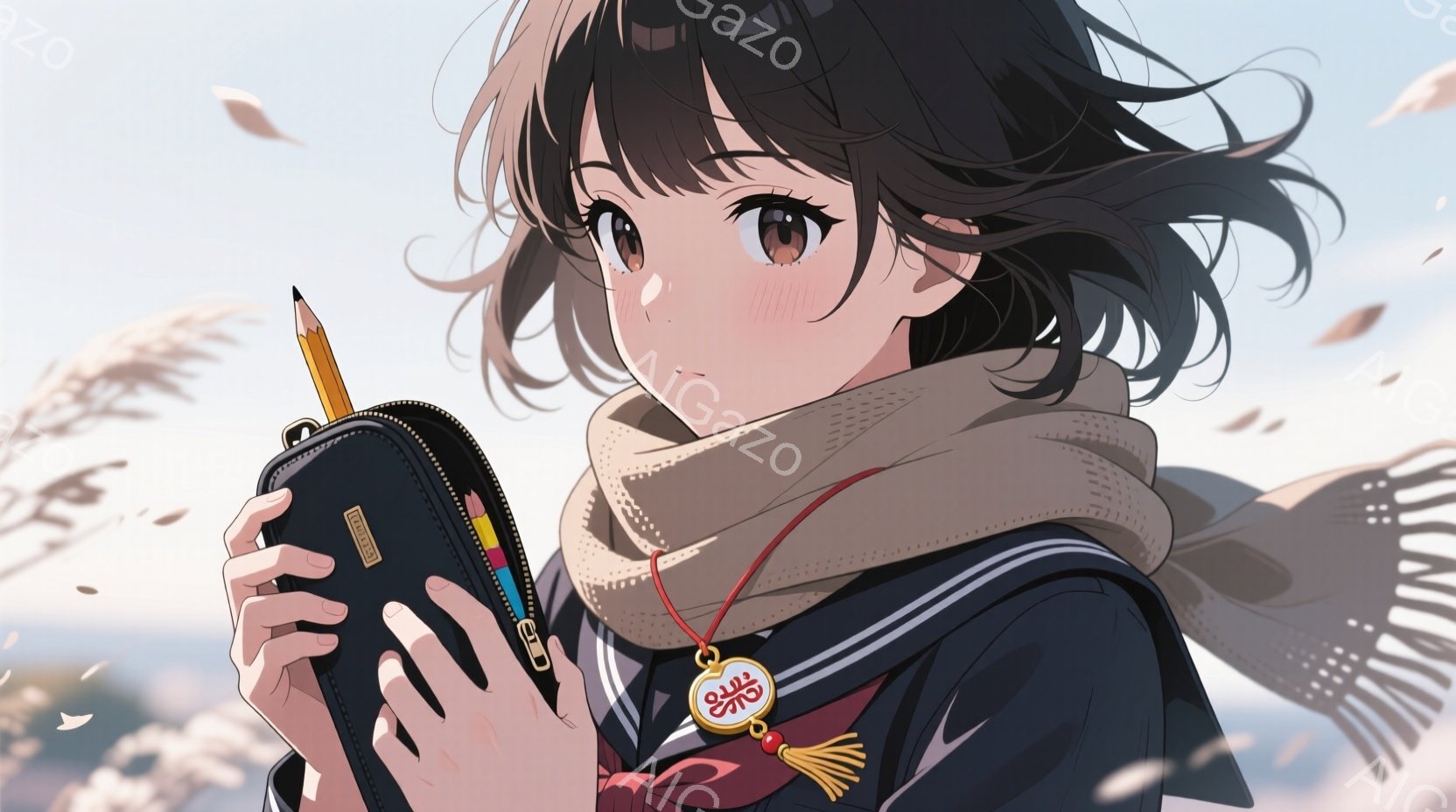 ショートカットの茶髪の少女が描かれています。紺色のセーラー服に、ベージュ色のマフラーを巻き、首には赤い紐と飾りをつけています。背景はぼやけた冬の風景で、落ち葉が舞い、穏やかで少し寂しげな雰囲気が漂って - AI生成フリー素材