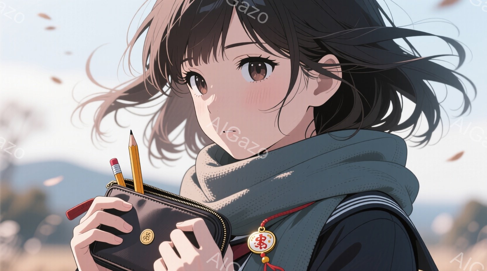 茶色の巻き毛の髪型をした若い女性が描かれています。彼女はネイビーのセーラー服と白いストライプのスカートを着ており、首には太いニットのマフラーを巻いています。彼女は黒いペンケースを手に持ち、中には鉛筆が数本入っており、少し戸惑ったような表情をしています。