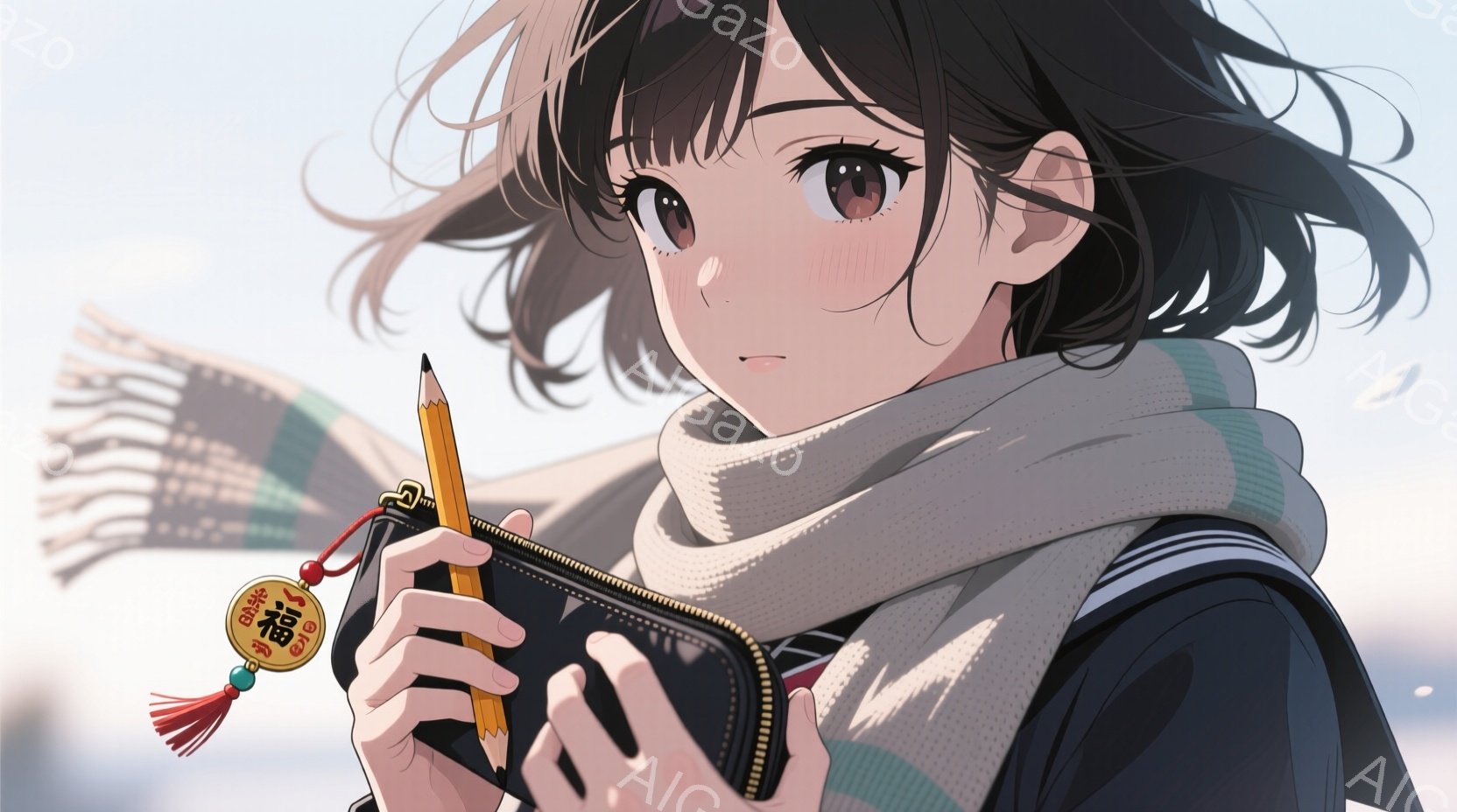 少女は、黒いウェーブのかかった髪と、わずかに開いた口元で微笑む表情をしています。彼女は紺色のセーラー服に白いストライプの入ったスカーフを巻き、黒いバッグを抱えています。背景はぼやけており、おそらく学校 - AI生成フリー素材