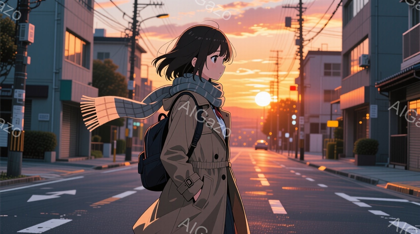 少女はベージュ色のトレンチコートと白いセーターを着て、黒いバックパックを背負っています。彼女は少し振り返り、短い茶色の髪が風になびいています。背景には夕焼けに染まる住宅街が広がり、アスファルトの道路には横断歩道が引かれ、穏やかでノスタルジックな雰囲気が漂っています。