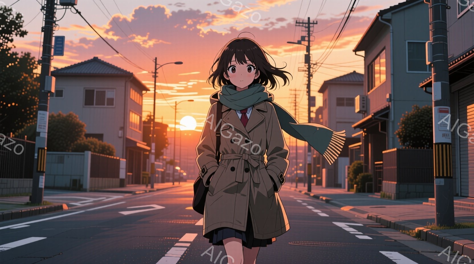 少女はベージュ色のトレンチコートとスカートを着用し、首に緑色のマフラーを巻いている。彼女は道の中央を歩いており、少し下を向いて少し微笑んでいるように見える。背景には住宅街が広がり、夕焼け空が暖かく、穏やかな雰囲気を醸し出している。