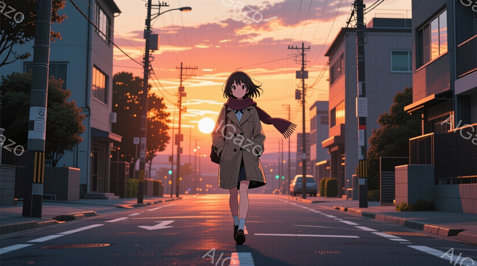 夕暮れ時の住宅街を、一人の少女が歩いている。ベージュ色のトレンチコートに、茶色のマフラー、膝上の丈のスカート、白い靴下を履き、黒い靴を履いている。空は夕焼けで赤やオレンジ色に染まり、道路に反射して幻想的な雰囲気を作り出している。