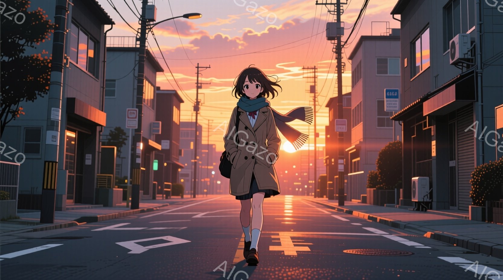 短い茶色の髪の少女が、膝丈のスカートと、茶色のコートを着て、アスファルトの道の中央を歩いている。彼女は少し前かがみになり、赤いマフラーを首に巻き、表情は穏やかで、どこか寂しげだ。背景は夕焼けに染まった住宅街で、両脇に密集した建物と電柱が並び、空はオレンジとピンクのグラデーションで、全体的にノスタルジックで物憂げな雰囲気が漂っている。