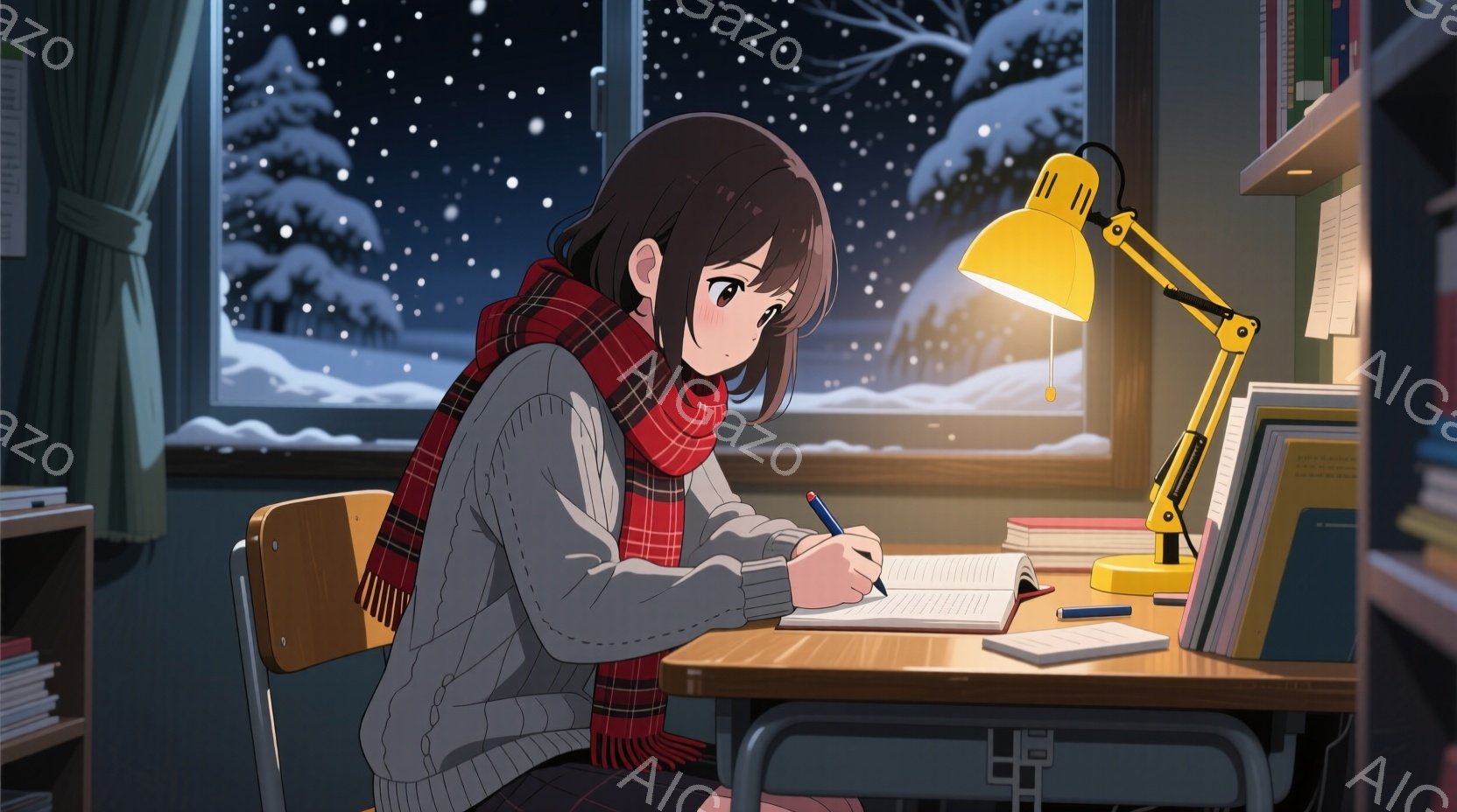 少女は窓の外の雪景色を背景に、机に向かって勉強しています。彼女は白いセーターに赤いチェックのストールを巻き、黒いスカートを履いています。暖色のデスクライトが彼女を照らし、集中した表情でペンを走らせてい - AI生成フリー素材