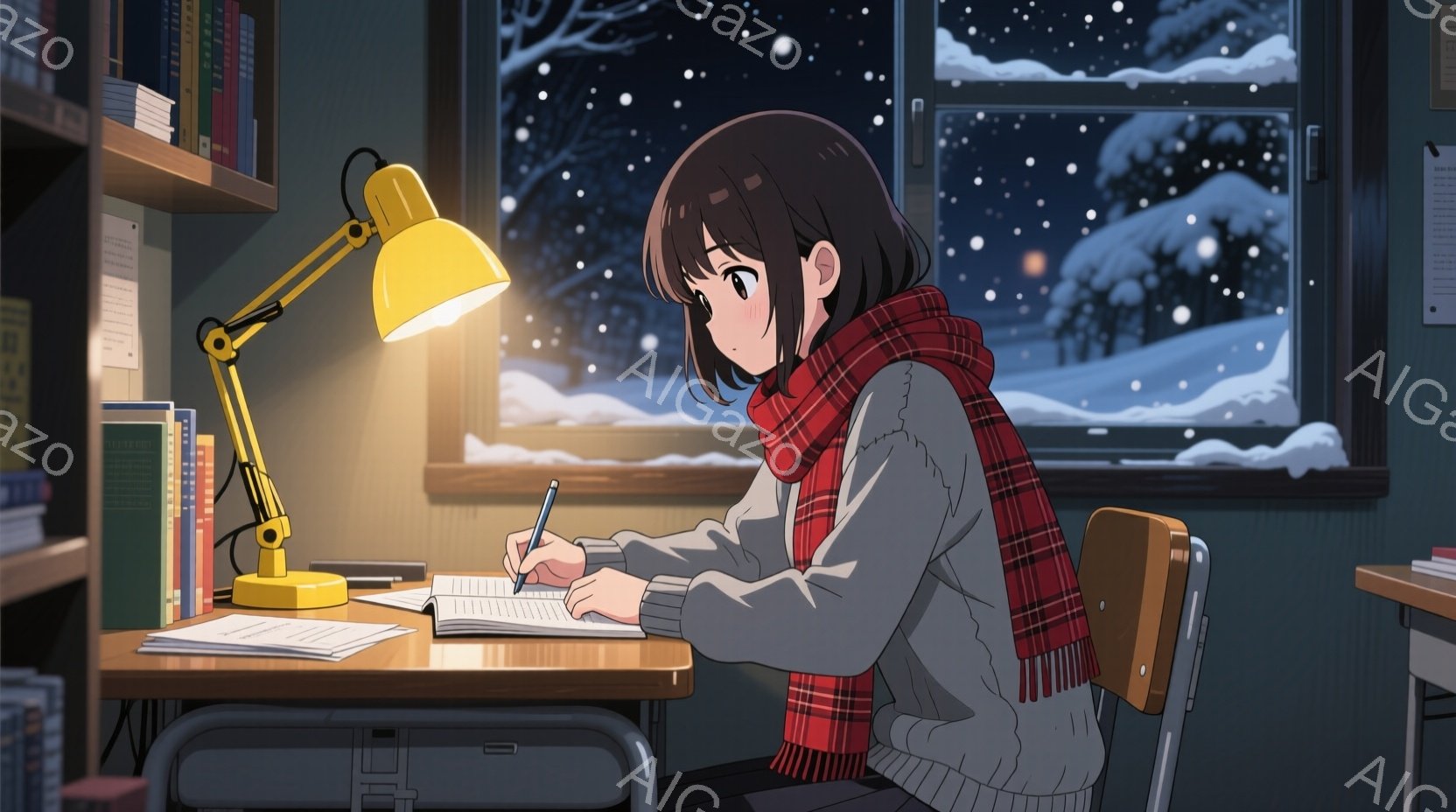 少女は窓辺の机で勉強に集中しており、白いセーターに赤いマフラーを巻いています。彼女は黒髪で、前髪を少し揃え、真剣な表情でノートに書き込んでいます。窓の外は雪景色で、夜の暗闇と暖色のデスクライトの光が、 - AI生成フリー素材