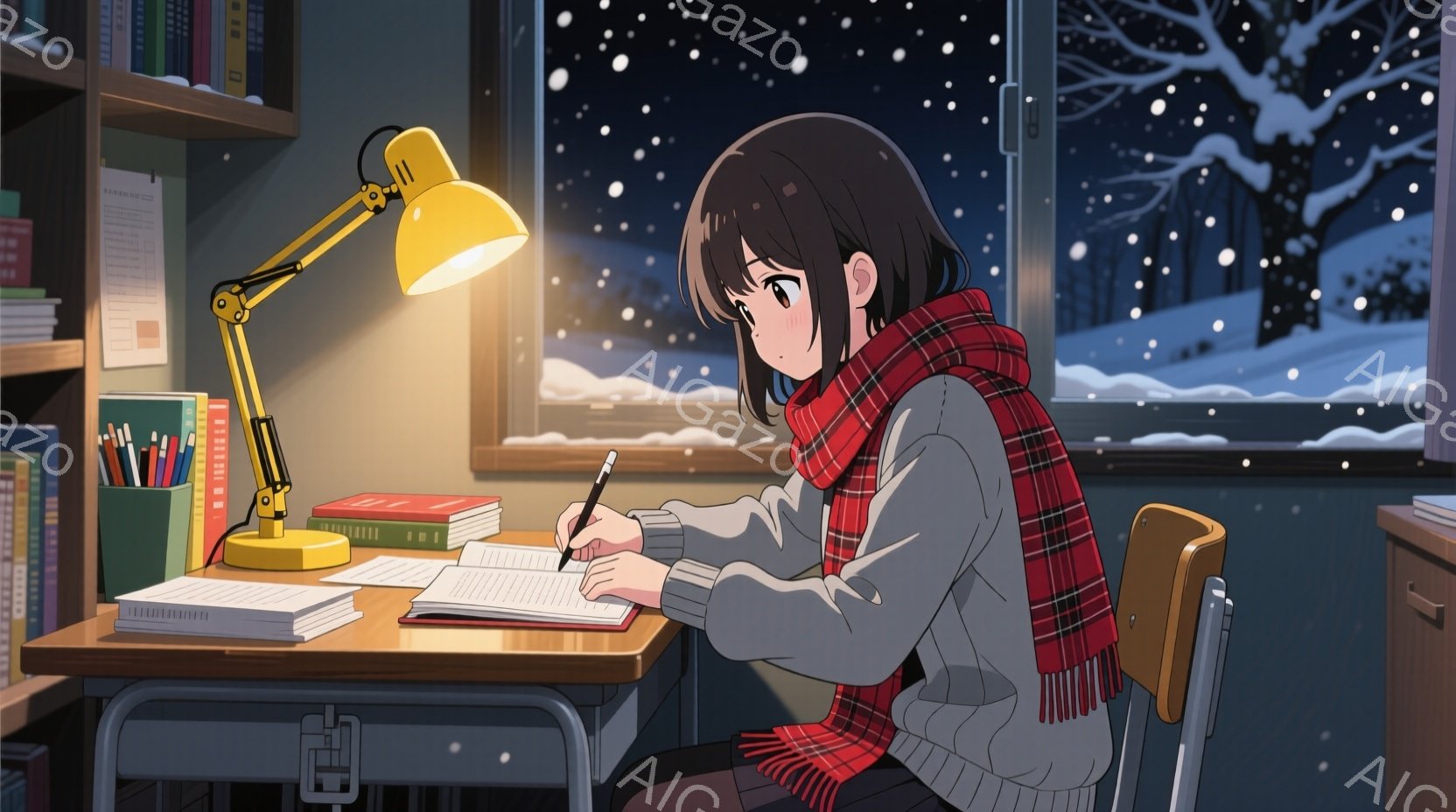 少女は机に向かって勉強しており、赤いチェックのストールを首に巻いています。彼女はセーターとスカートを着用し、暗い部屋でランプの光の下で集中してノートに書き込んでいます。窓の外は雪景色で、静かで落ち着い - AI生成フリー素材