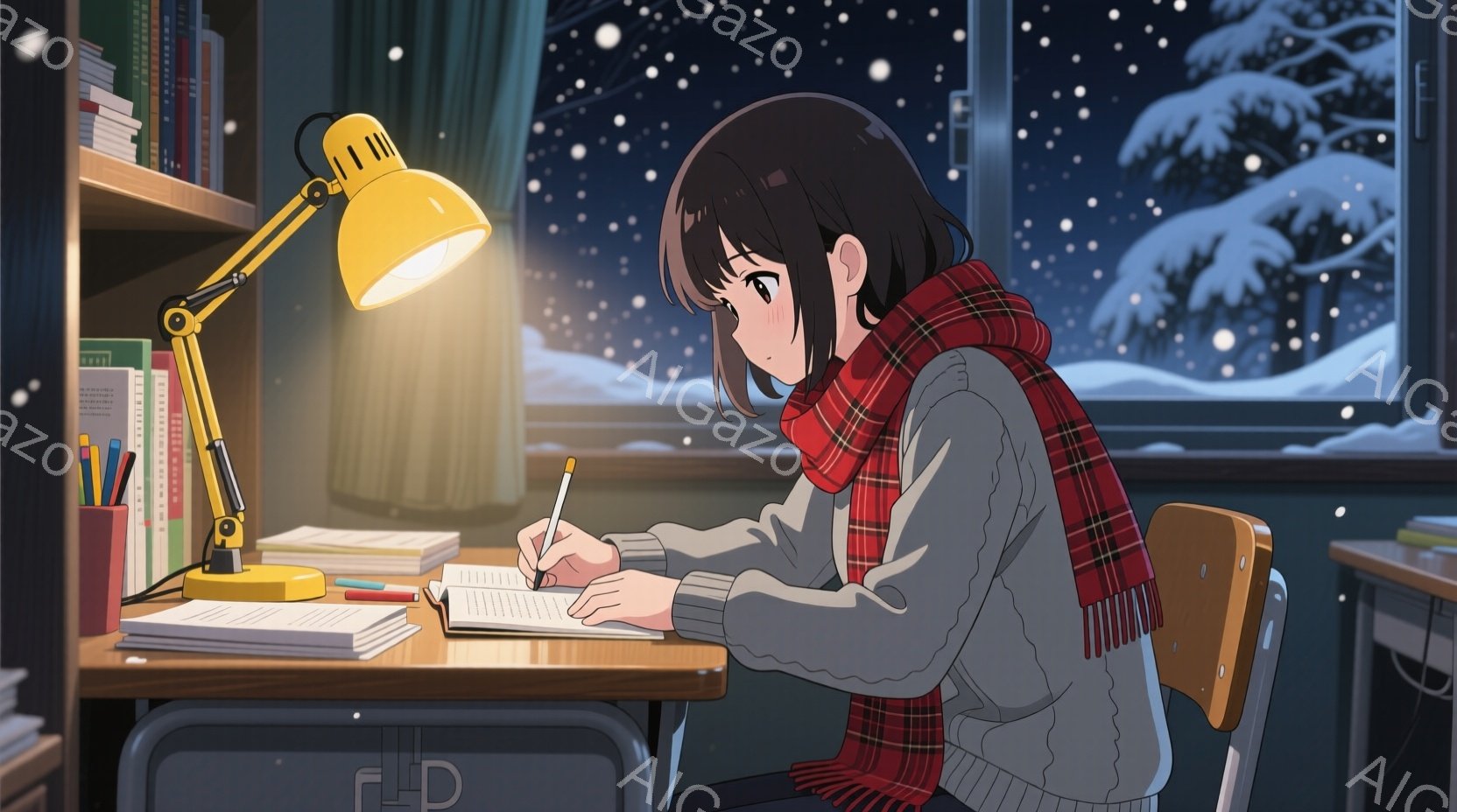 少女は机に向かって勉強している様子が描かれています。彼女は赤いチェック柄のマフラーとセーターを着ており、短い茶色の髪をしています。窓の外は雪が降り積もり、夜の静けさの中で、机の上のランプが彼女を照らし - AI生成フリー素材