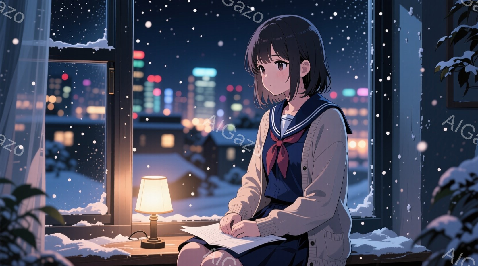 暗い夜、窓辺に座る少女が描かれている。彼女は紺色のセーラー服に白いカーディガンを羽織り、赤いリボンを結んでいる。暖色の卓上ランプの光に照らされ、何かに集中して書き物をしている姿は、静かで物憂げな雰囲気を醸し出している。