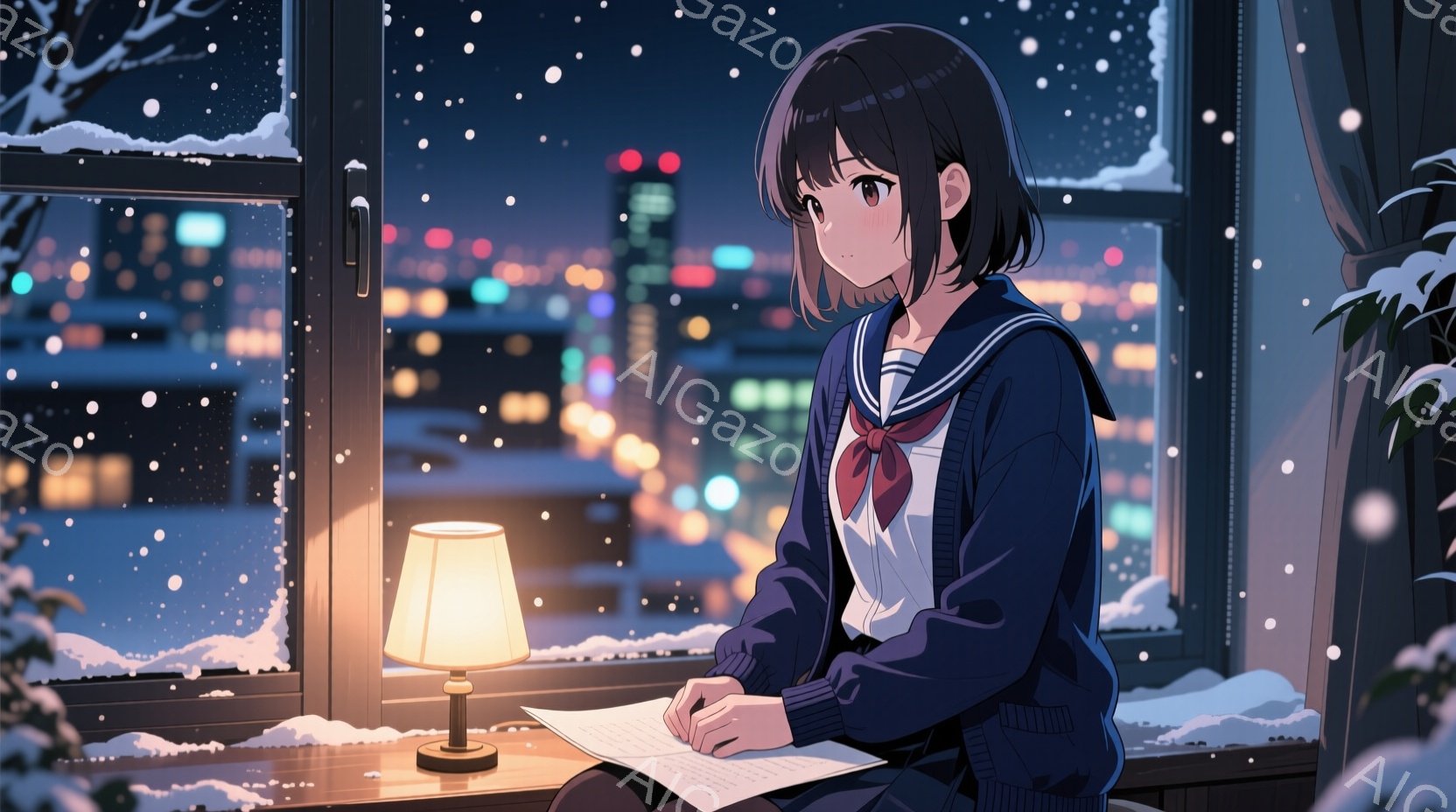 短い黒髪の少女が窓辺に座り、何かを書いている。彼女は紺色のセーラー服を着ており、赤いネクタイがアクセントになっている。背景には雪が降り積もる夜の街並みが広がり、暖色の卓上ランプが彼女を照らしている、静かで物憂げな雰囲気が漂う。