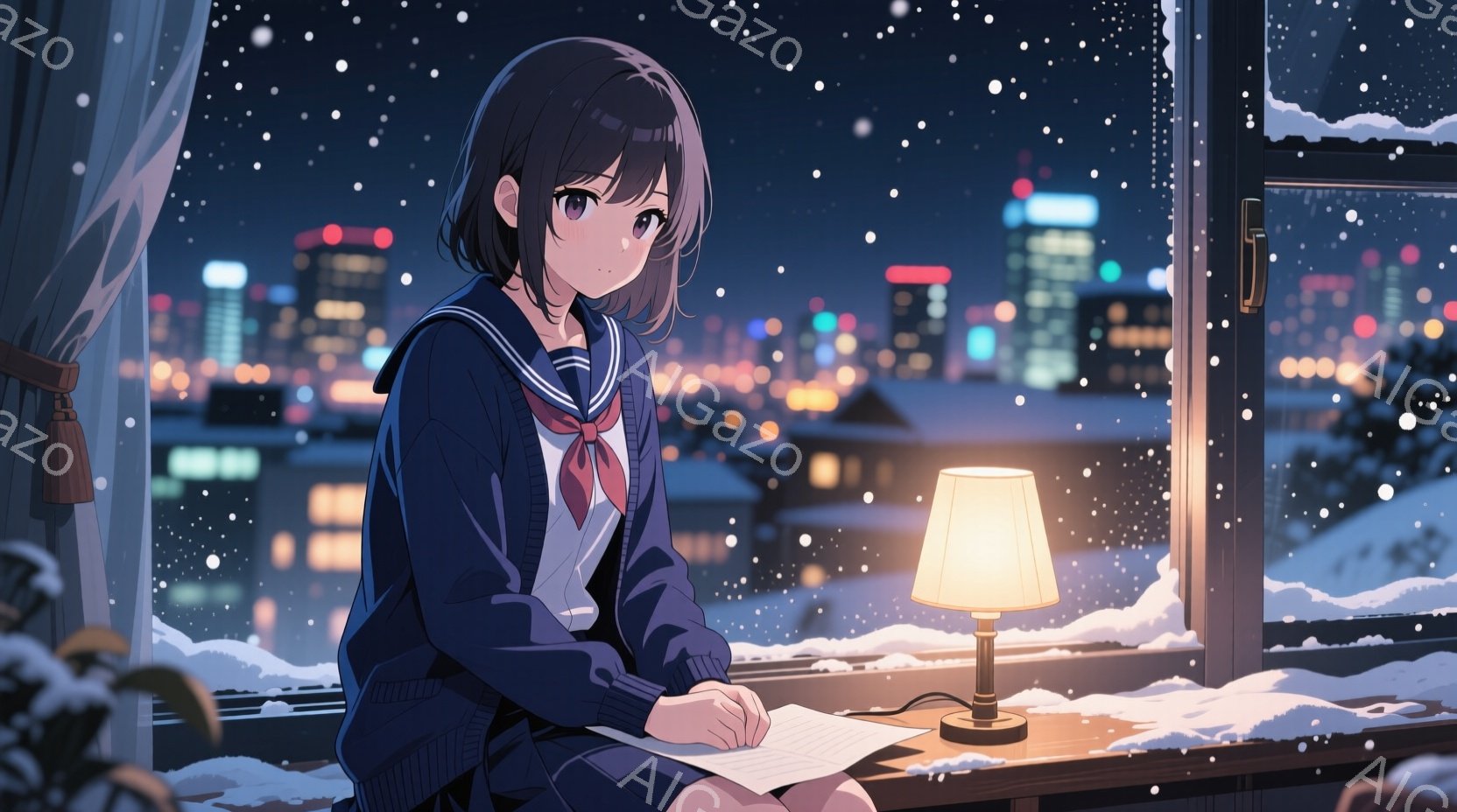 短い黒髪の少女が窓辺に座り、何かを書き込んでいる。彼女は紺色のセーラー服を着ており、赤いリボンがアクセントになっている。背景には夜景が広がり、雪が降る中、暖色のランプが彼女を照らしている。