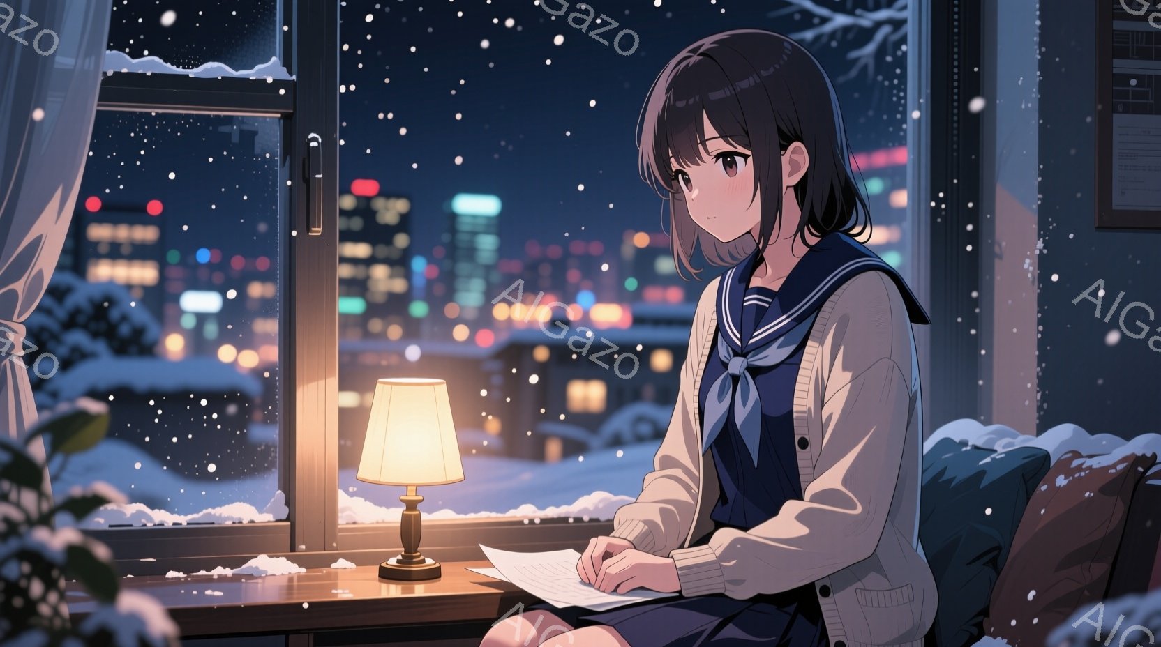 少女は窓辺に座り、何かを書いている。彼女は紺色のセーラー服に白いカーディガンを羽織り、茶色の髪を肩の長さでカットしている。背景には、雪が降る夜の街並みが広がり、室内には温かい光が灯っている。 - AI生成フリー素材