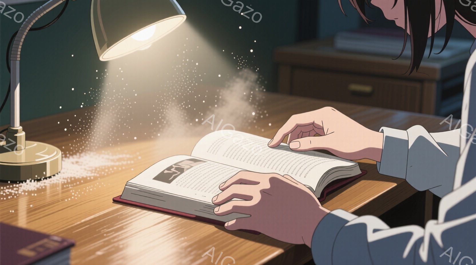開かれた本から光の粒子が舞い上がっている様子が描かれている。人物は白いシャツを着ており、髪は肩にかかる長さで、本を読んでいる最中である。背景は木製の机と、ぼんやりとした家具で、暖かく静かな雰囲気を醸し出している。