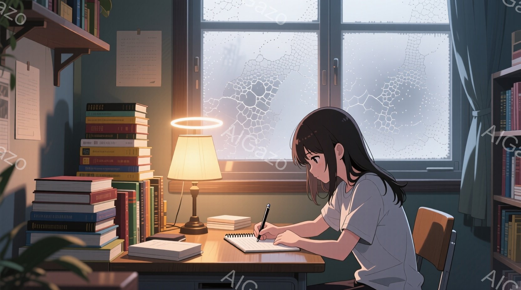 少女は机に向かってノートに何かを書き込んでいる。彼女は白いTシャツを着ており、黒髪を後ろで束ねている。背景には本棚が積み上げられ、窓の外には雪が降る冬の風景が広がっている。
