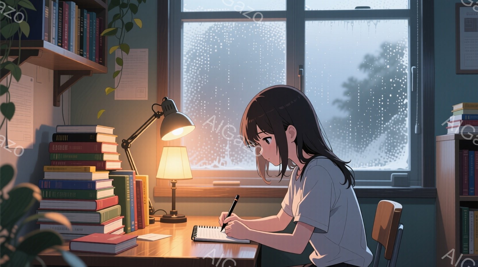 少女は机に向かい、ノートに何かを書き込んでいる。彼女は白いシャツにスカート姿で、黒髪を肩まで伸ばしている。窓の外は雨が降り、部屋は暖かく、本や植物で囲まれた落ち着いた雰囲気である。
